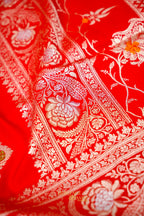 Scarlet Red Katan Silk Saree with Meenakari Motifs & Floral Zari Border