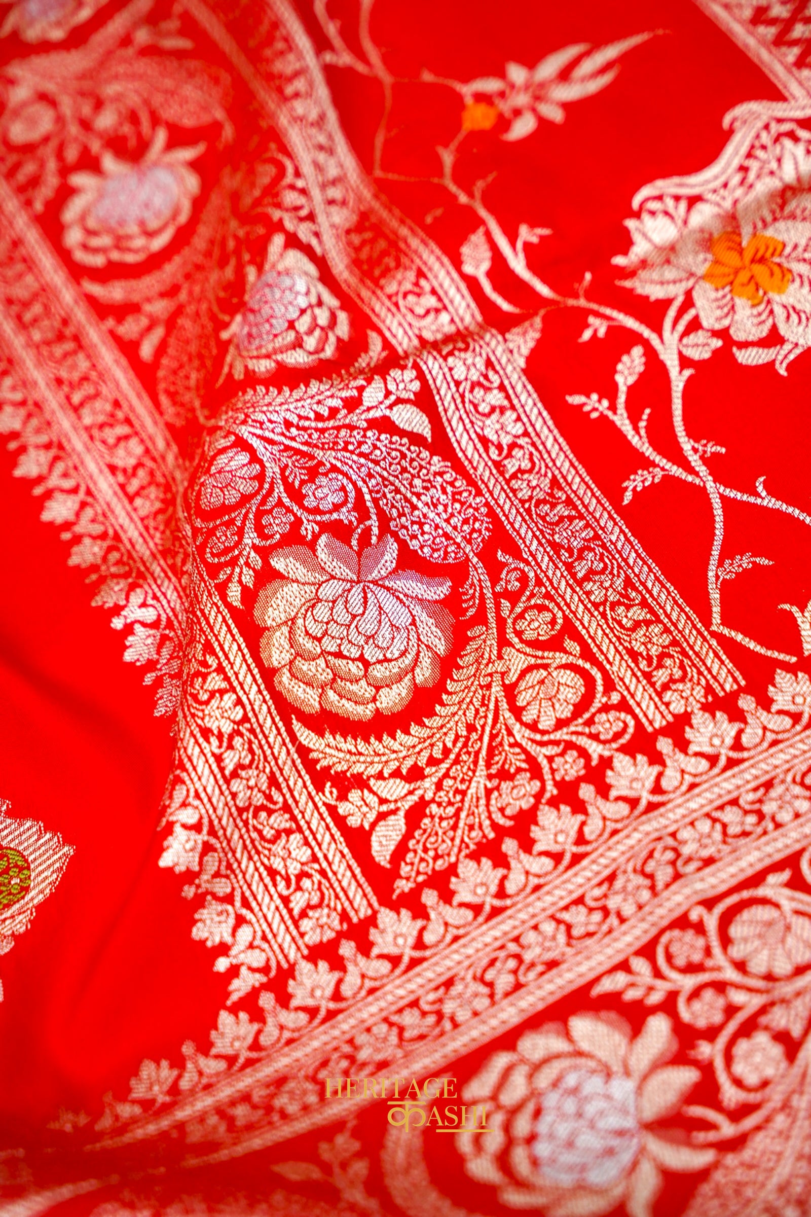 Scarlet Red Katan Silk Saree with Meenakari Motifs & Floral Zari Border