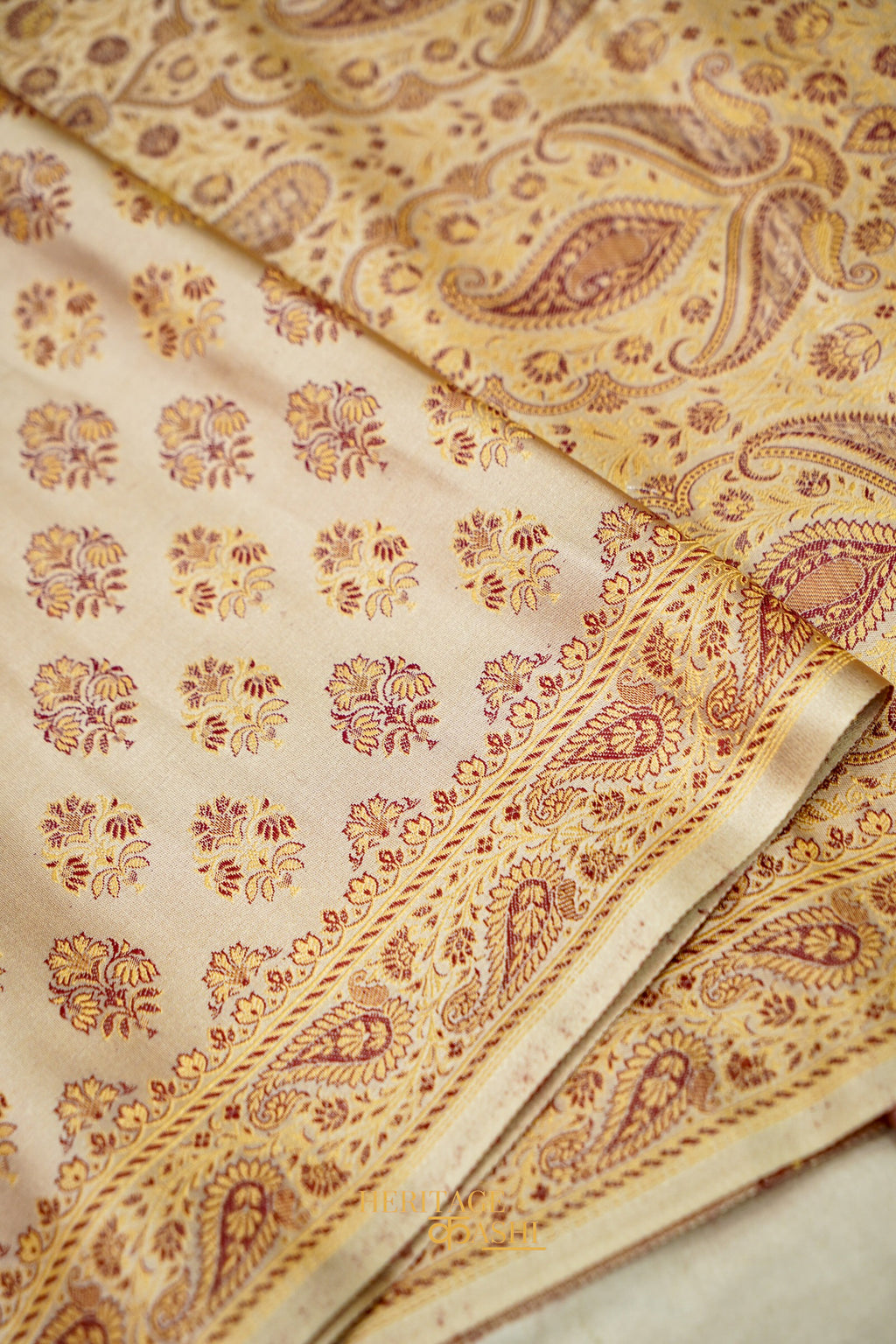 Champagne Beige Satin Reshami Dohra Ektara Banarasi Silk Saree