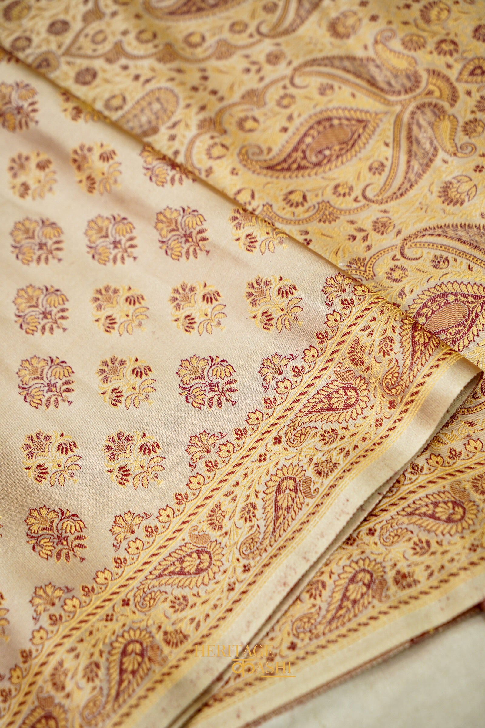Champagne Beige Satin Reshami Dohra Ektara Banarasi Silk Saree