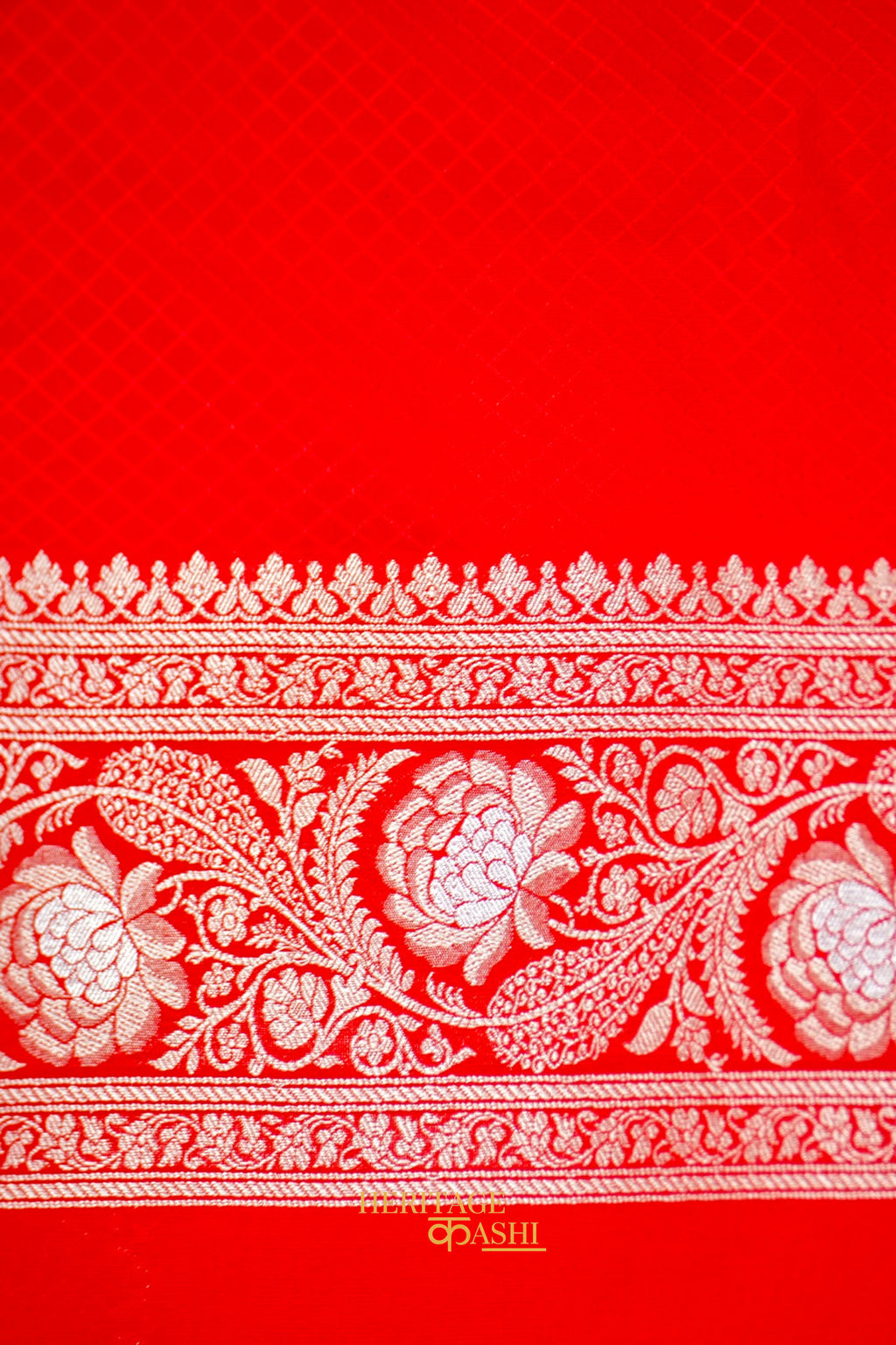 Scarlet Red Katan Silk Saree with Meenakari Motifs & Floral Zari Border