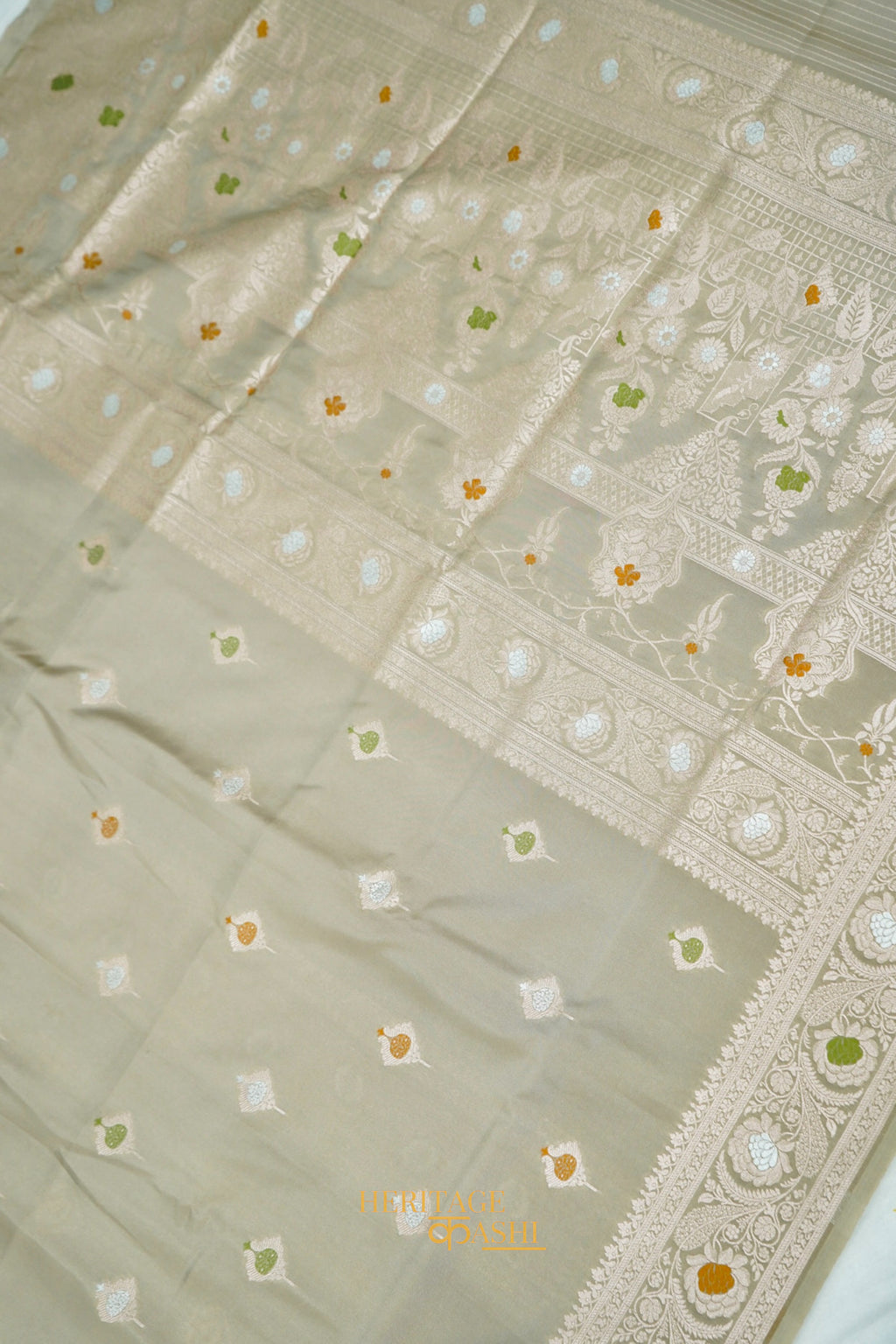 Sage Grey Katan Silk Meenakari Motifs Saree