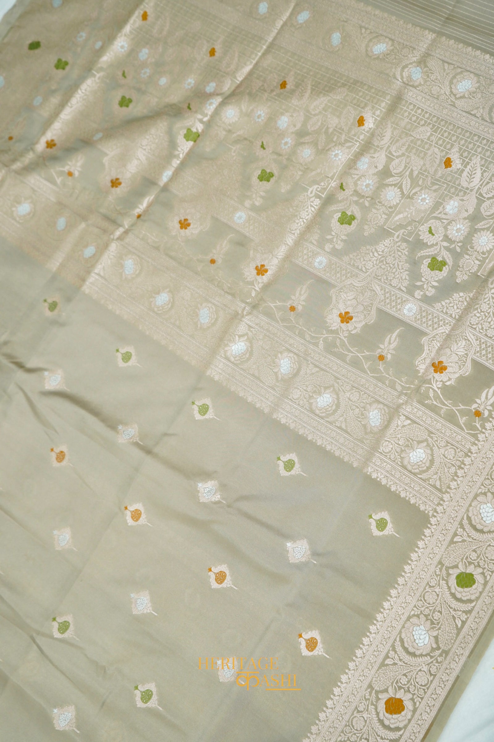 Sage Grey Katan Silk Meenakari Motifs Saree
