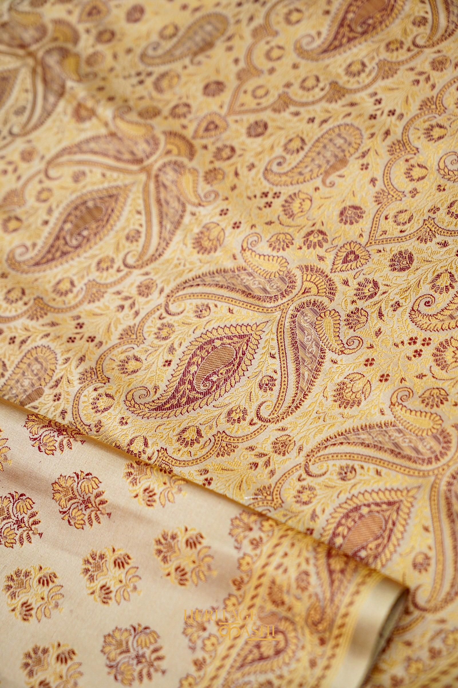 Champagne Beige Satin Reshami Dohra Ektara Banarasi Silk Saree
