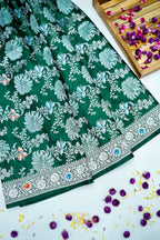 Emerald Green Mashru Multicolour Floral Jaal Motif Silk Saree