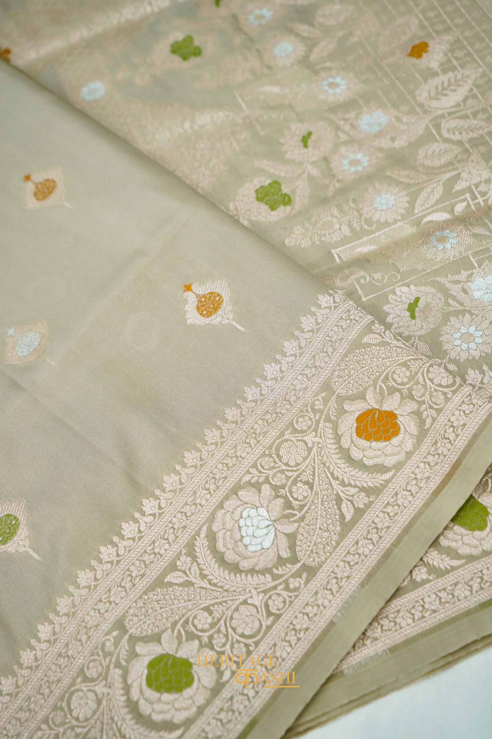 Sage Grey Katan Silk Meenakari Motifs Saree