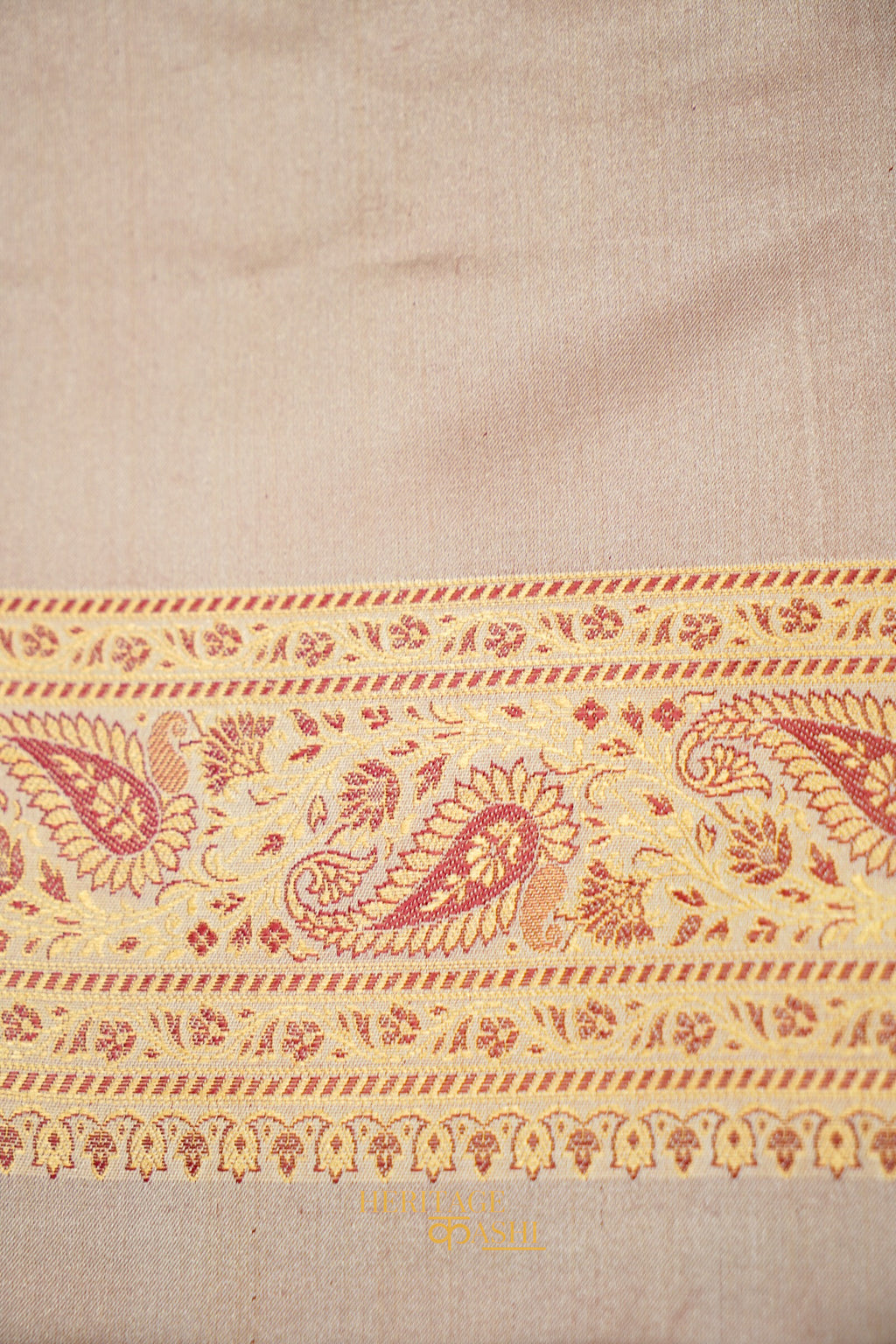 Champagne Beige Satin Reshami Dohra Ektara Banarasi Silk Saree
