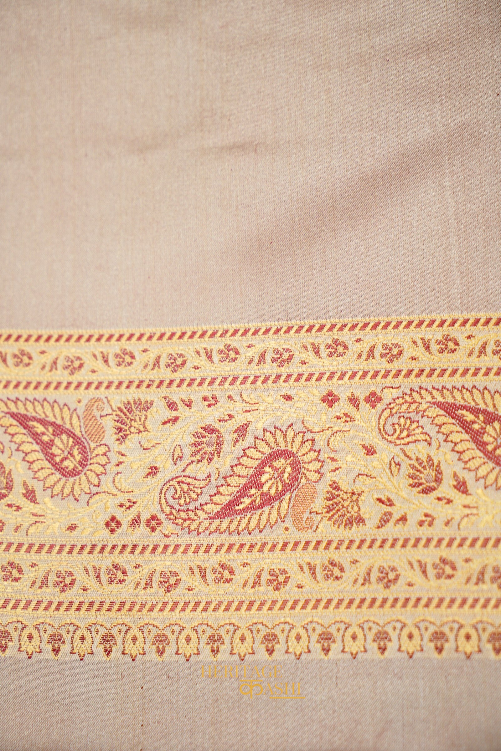 Champagne Beige Satin Reshami Dohra Ektara Banarasi Silk Saree