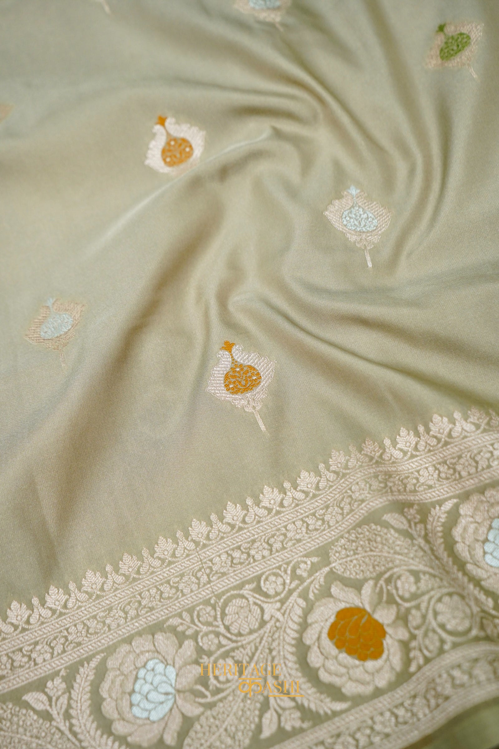 Sage Grey Katan Silk Meenakari Motifs Saree