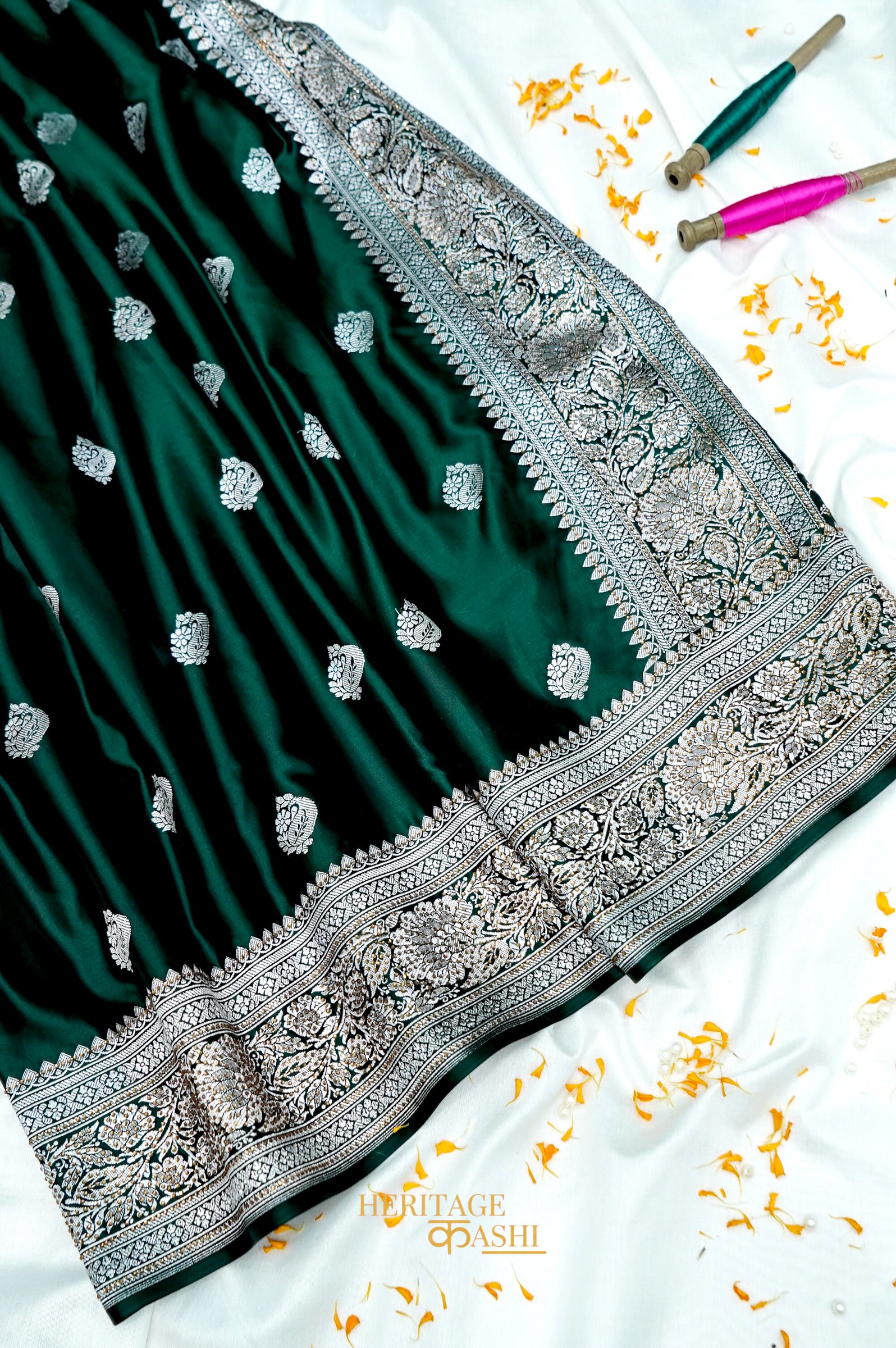 Emerald Green Swarovski Stone Work Mashru Banarasi Silk Saree