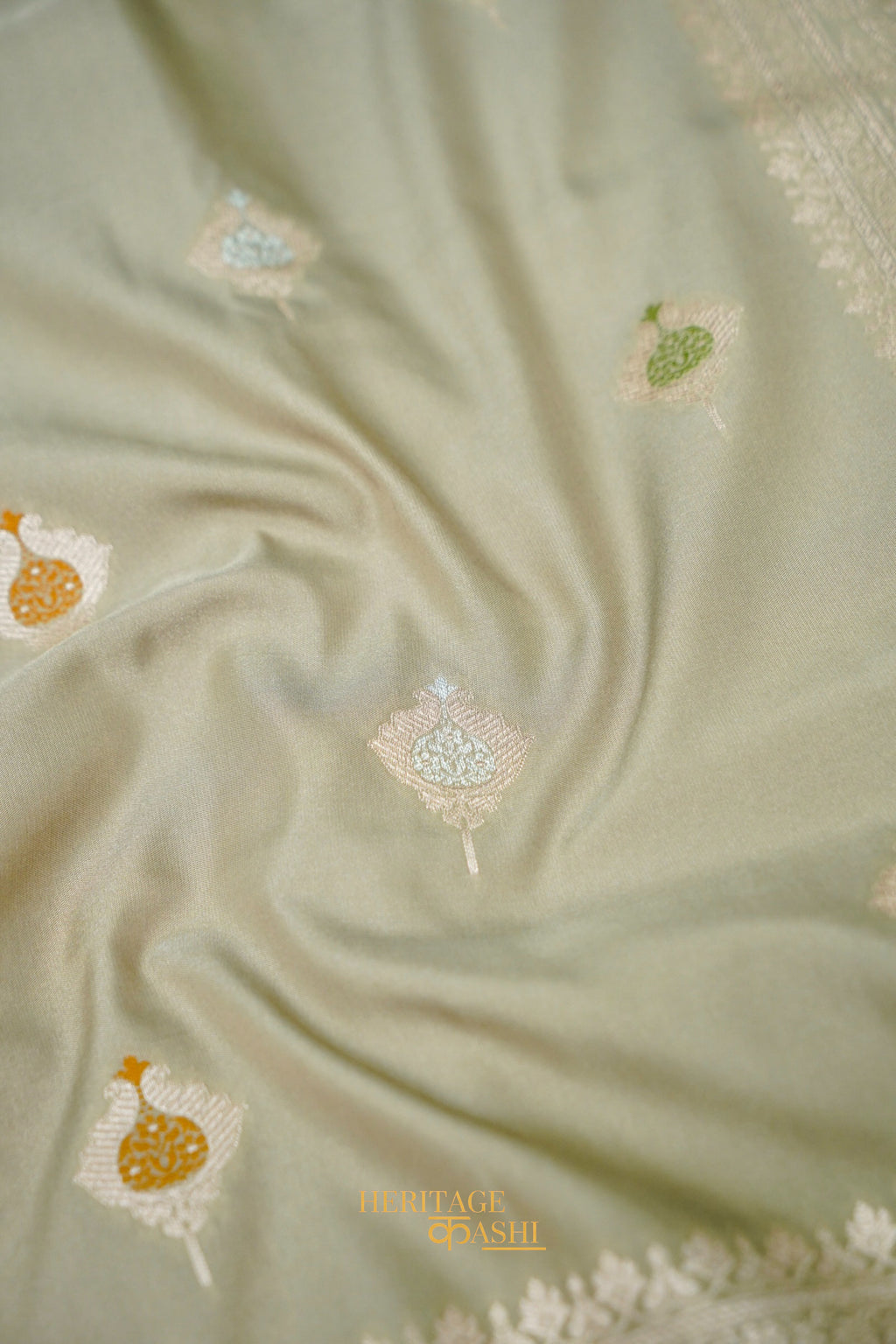 Sage Grey Katan Silk Meenakari Motifs Saree