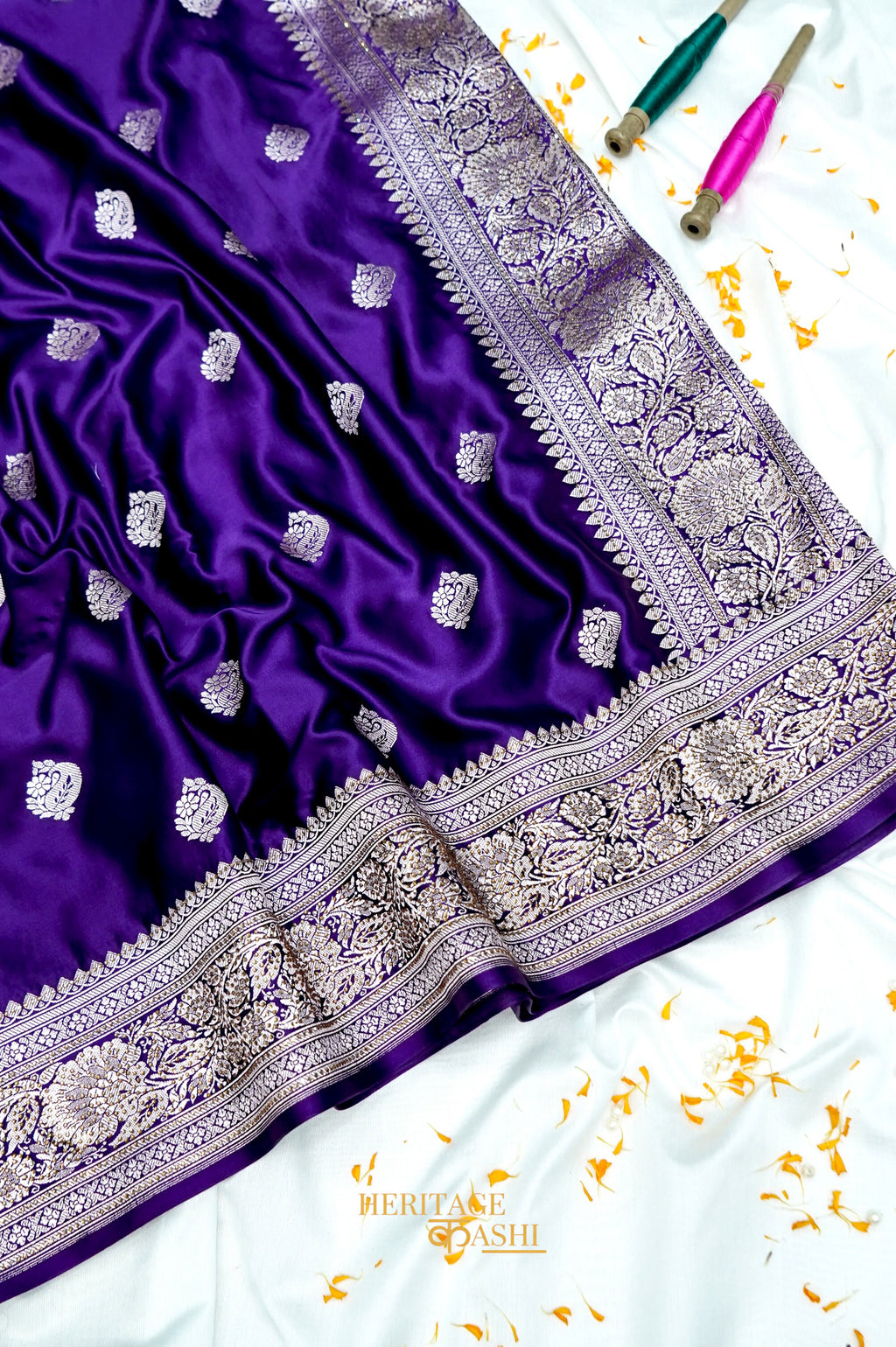 Royal Purple Swarovski Stone Work Mashru Banarasi Silk Saree