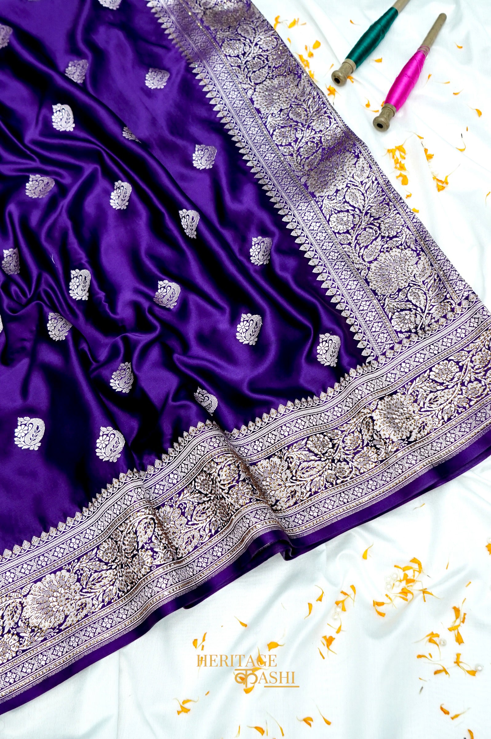 Royal Purple Swarovski Stone Work Mashru Banarasi Silk Saree