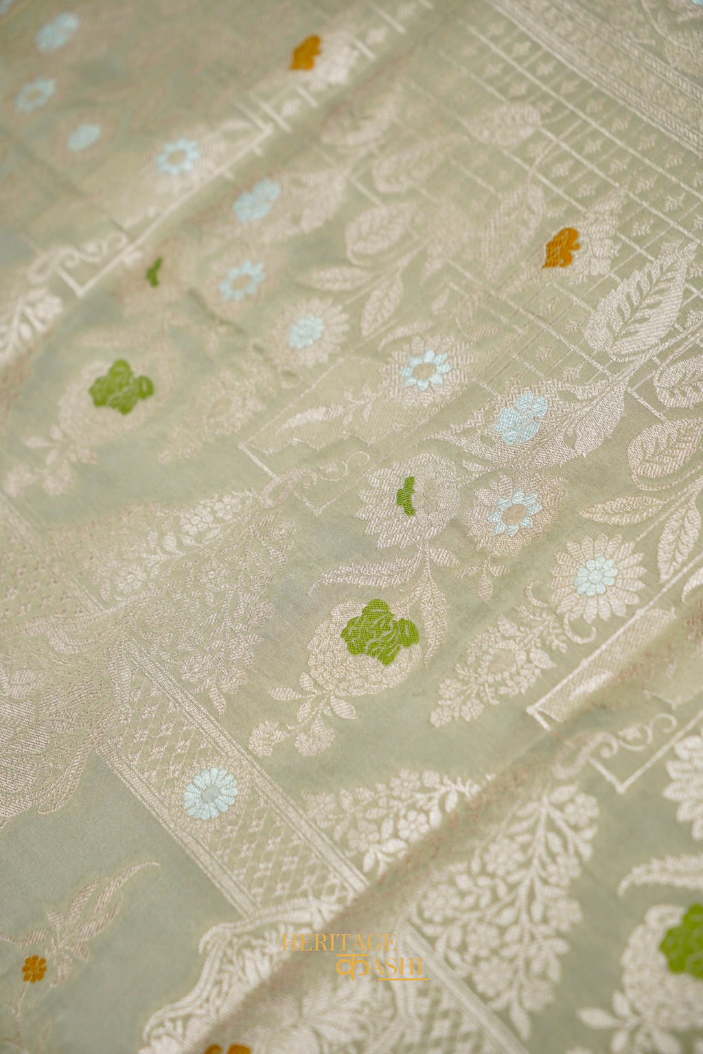 Sage Grey Katan Silk Meenakari Motifs Saree
