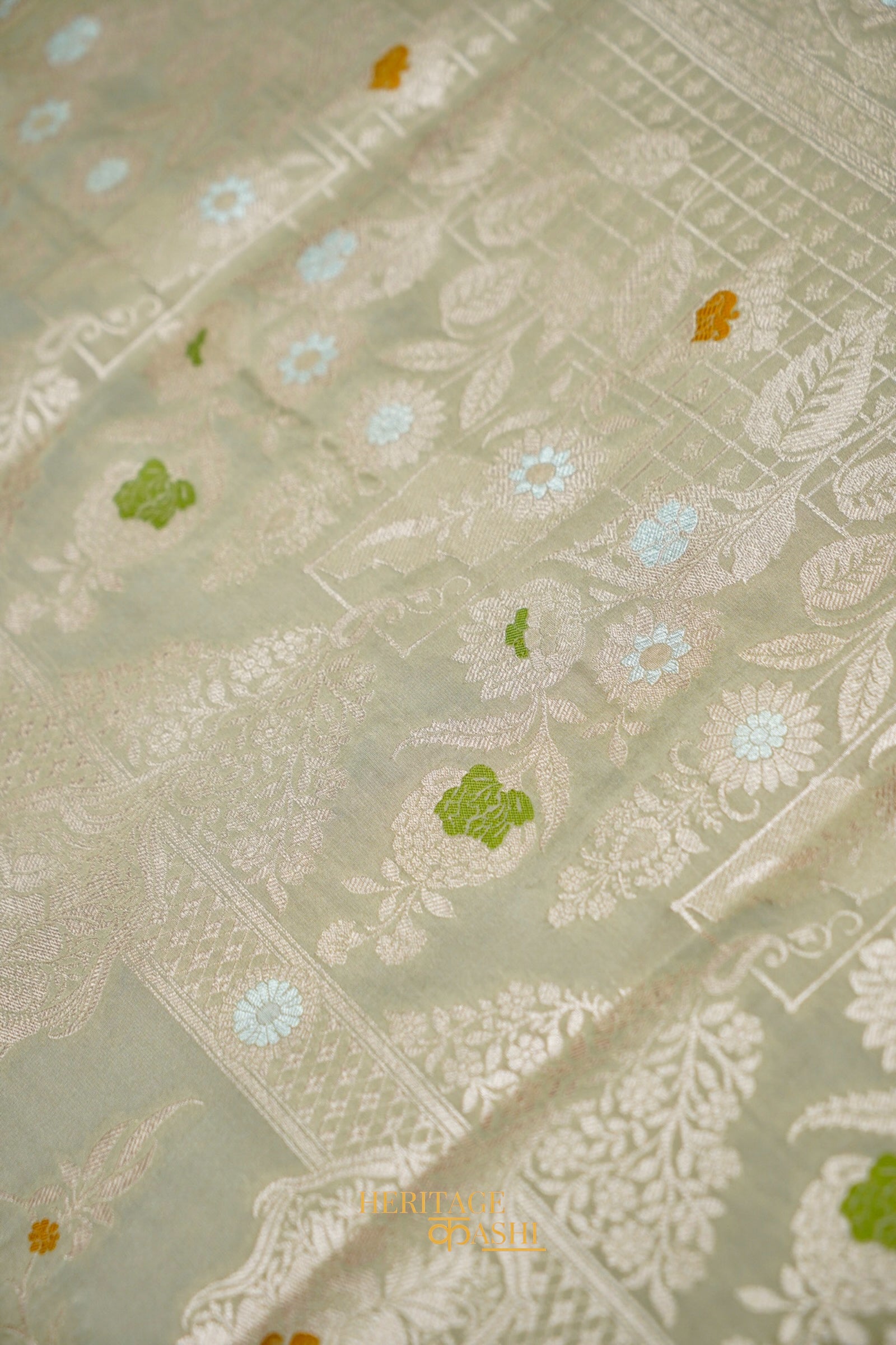 Sage Grey Katan Silk Meenakari Motifs Saree