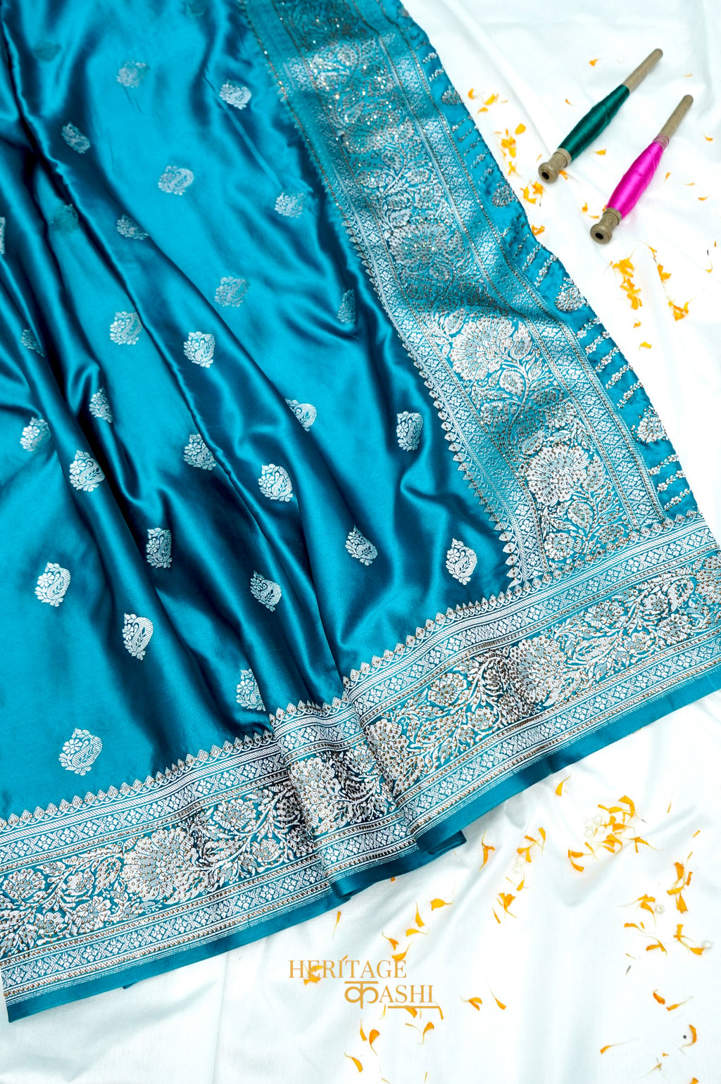 Aqua Blue Swarovski Stone Work Mashru Banarasi Silk Saree