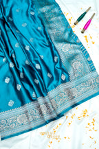 Aqua Blue Swarovski Stone Work Mashru Banarasi Silk Saree