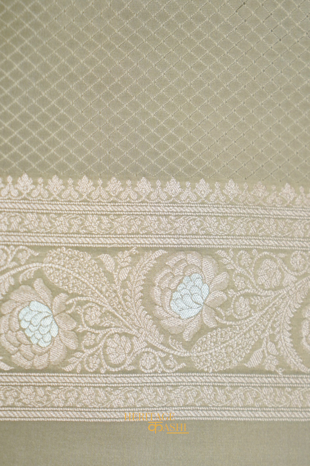 Sage Grey Katan Silk Meenakari Motifs Saree
