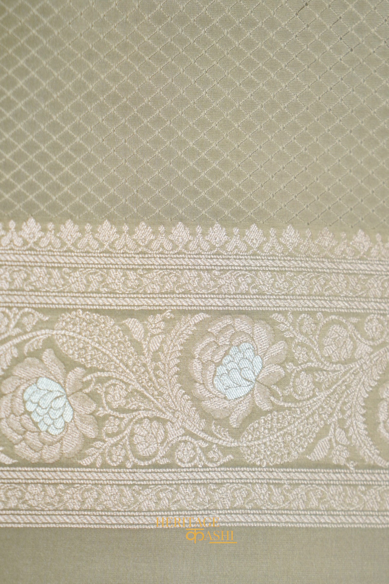 Sage Grey Katan Silk Meenakari Motifs Saree