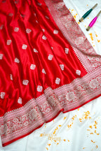 Scarlet Red Swarovski Stone Work Mashru Banarasi Silk Saree
