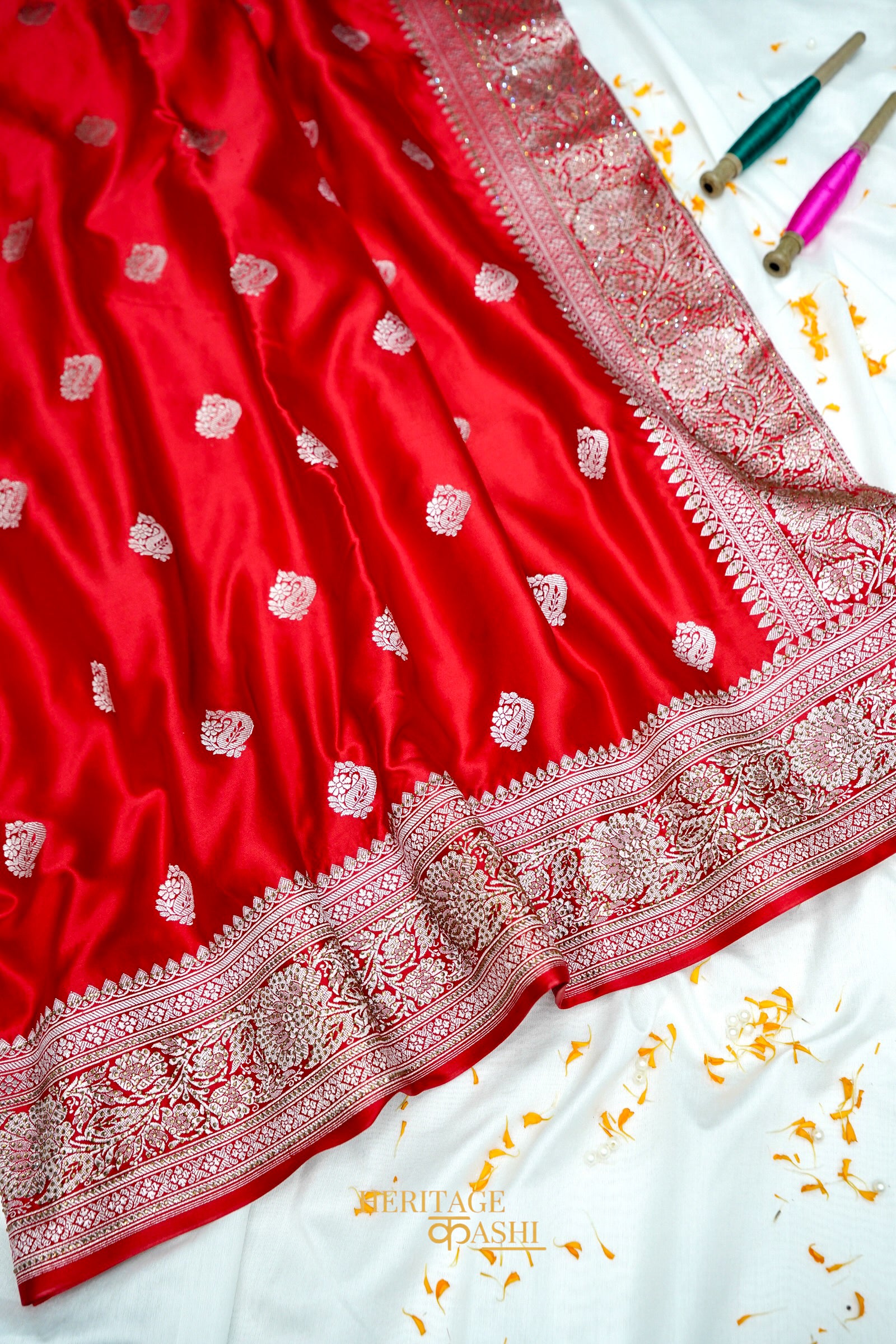 Scarlet Red Swarovski Stone Work Mashru Banarasi Silk Saree