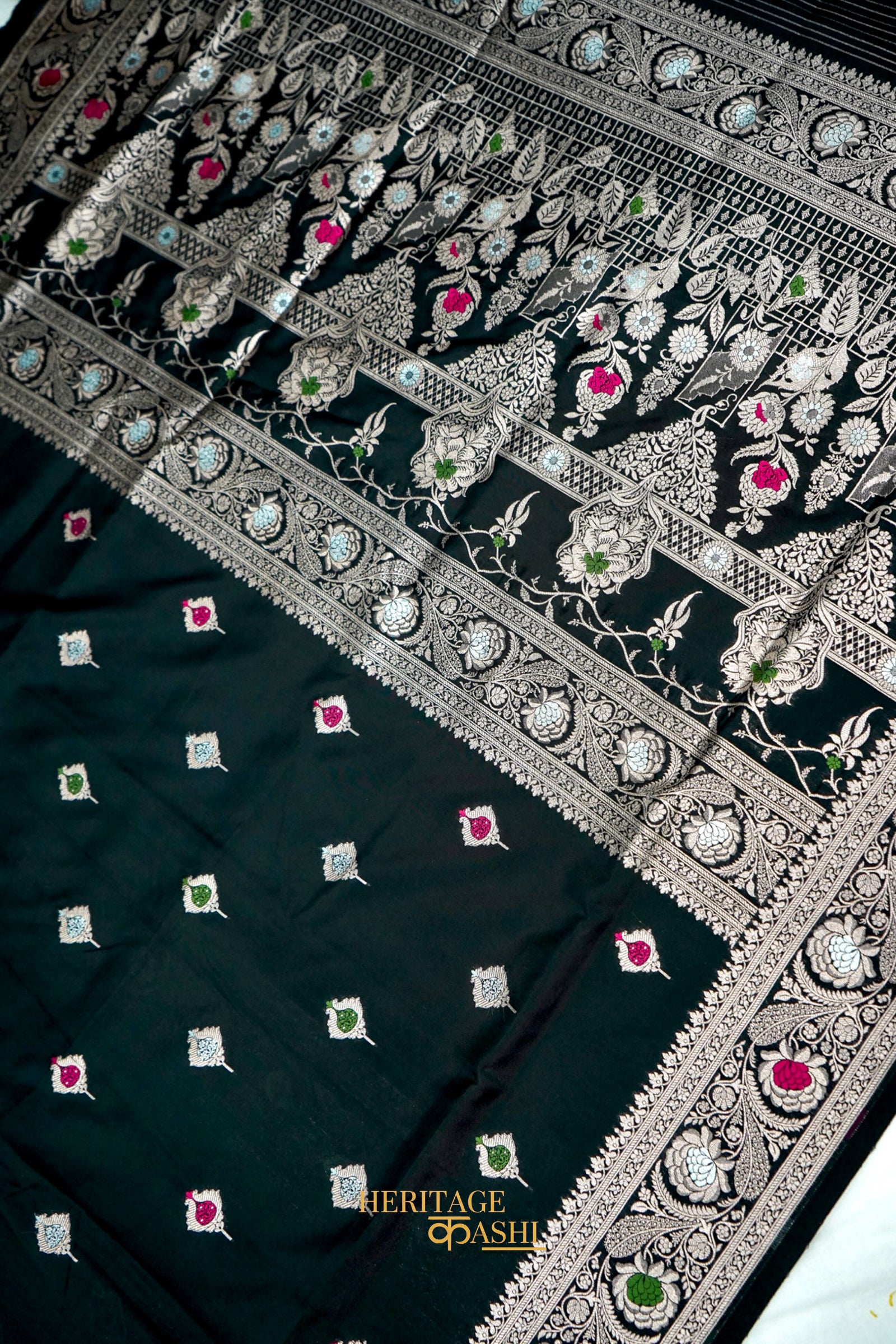 Black Katan Silk Meenakari Motifs Saree