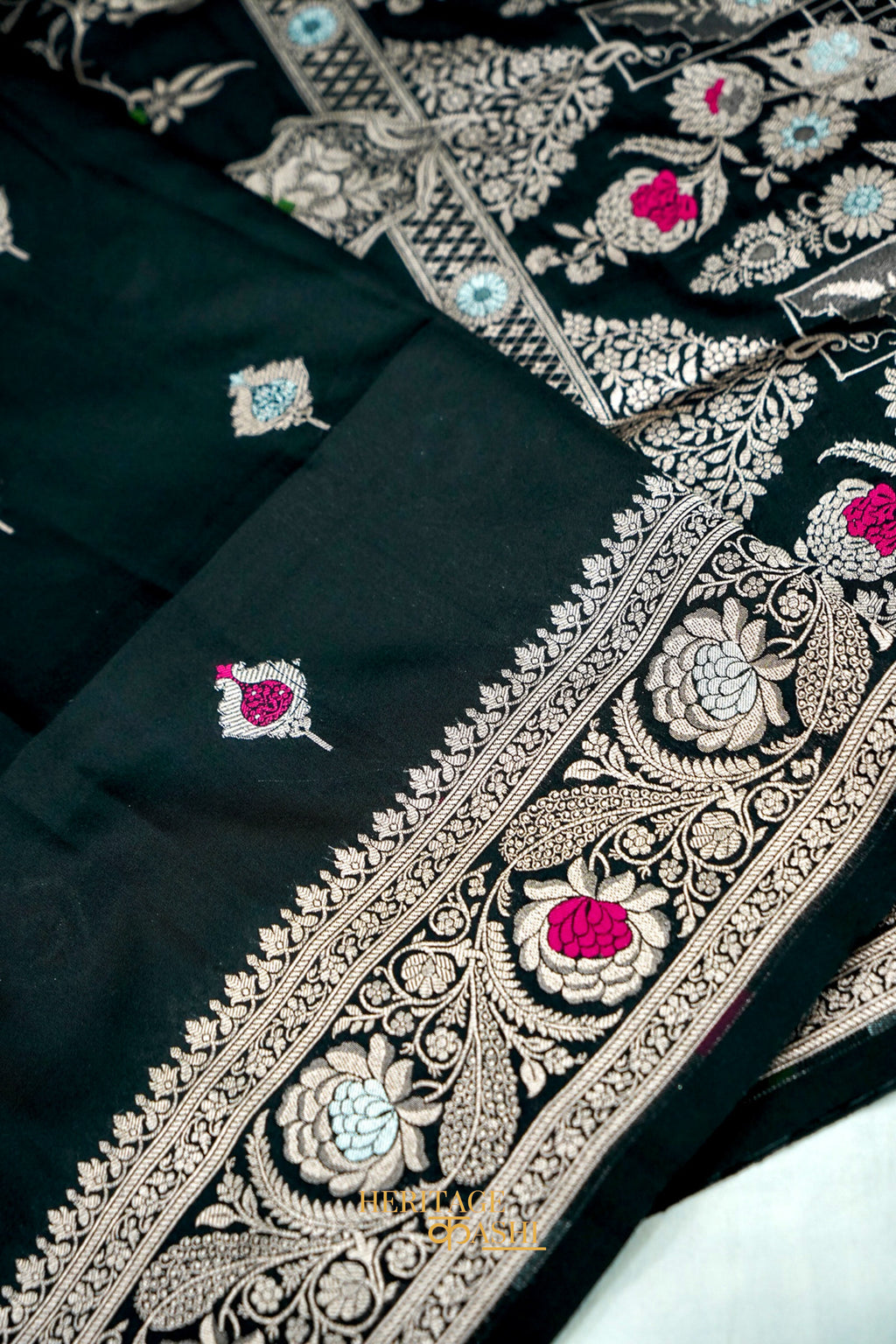 Black Katan Silk Meenakari Motifs Saree