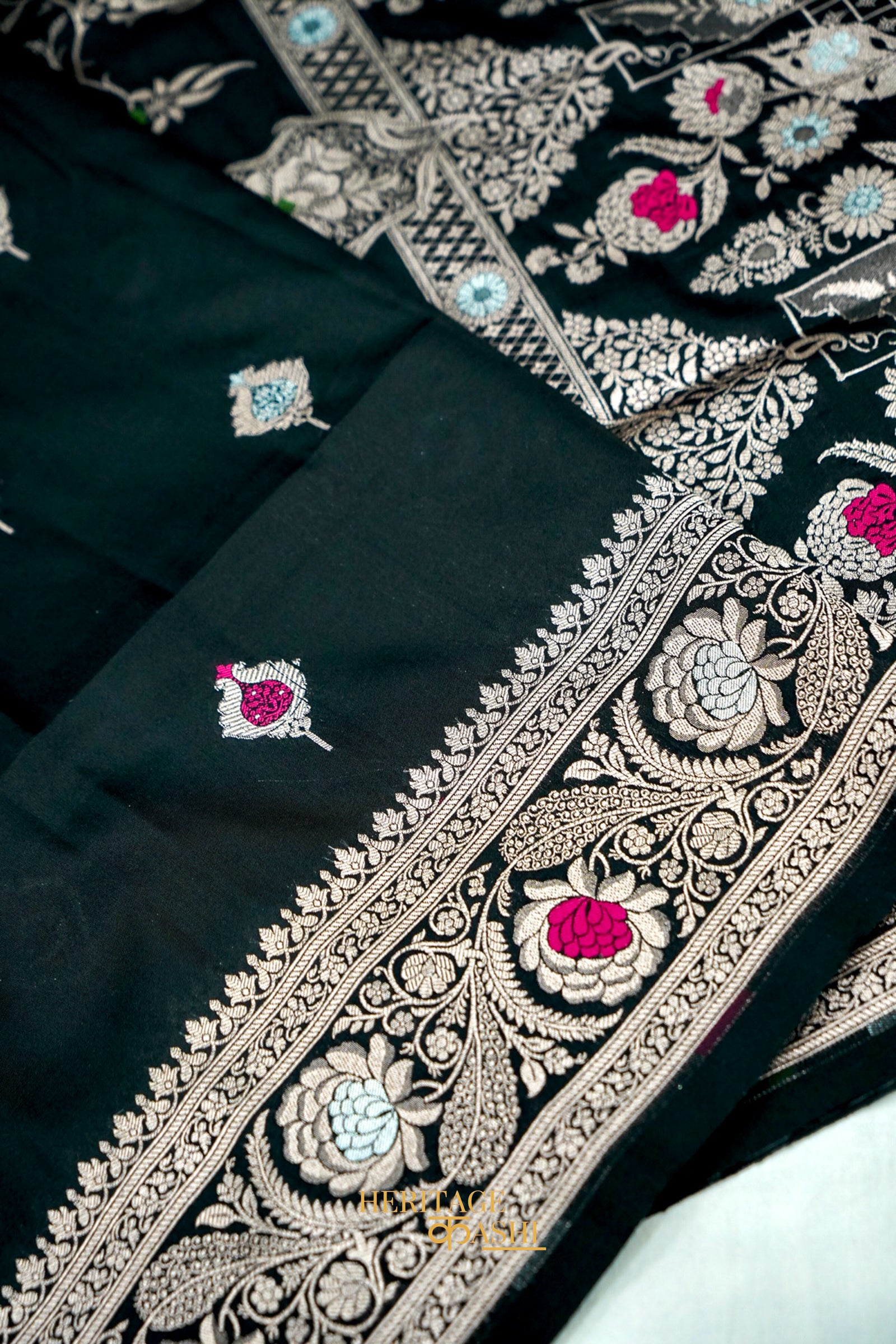Black Katan Silk Meenakari Motifs Saree