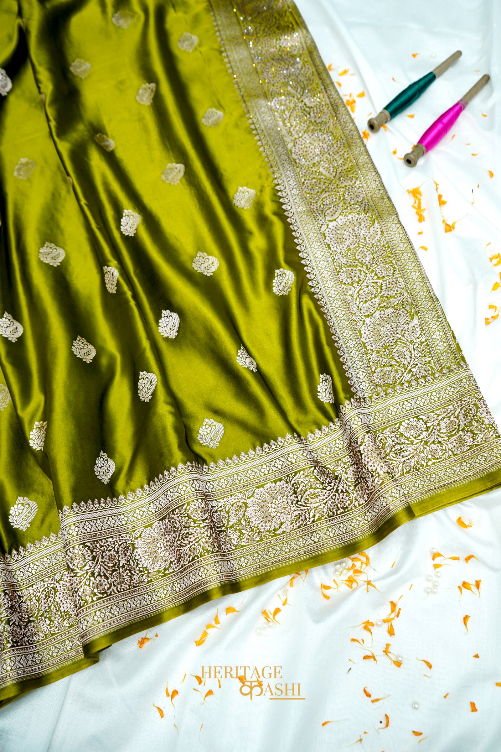 Olive Green Swarovski Stone Work Mashru Banarasi Silk Saree