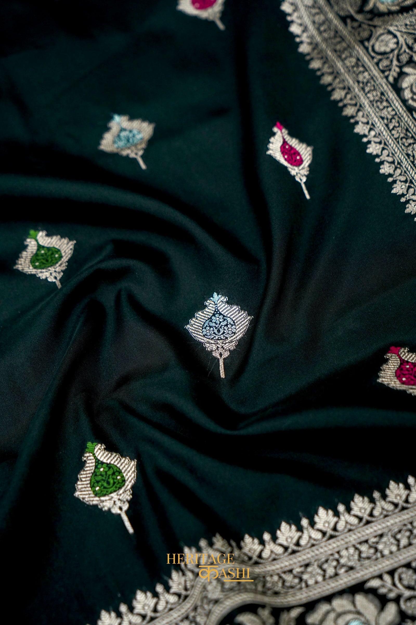 Black Katan Silk Meenakari Motifs Saree