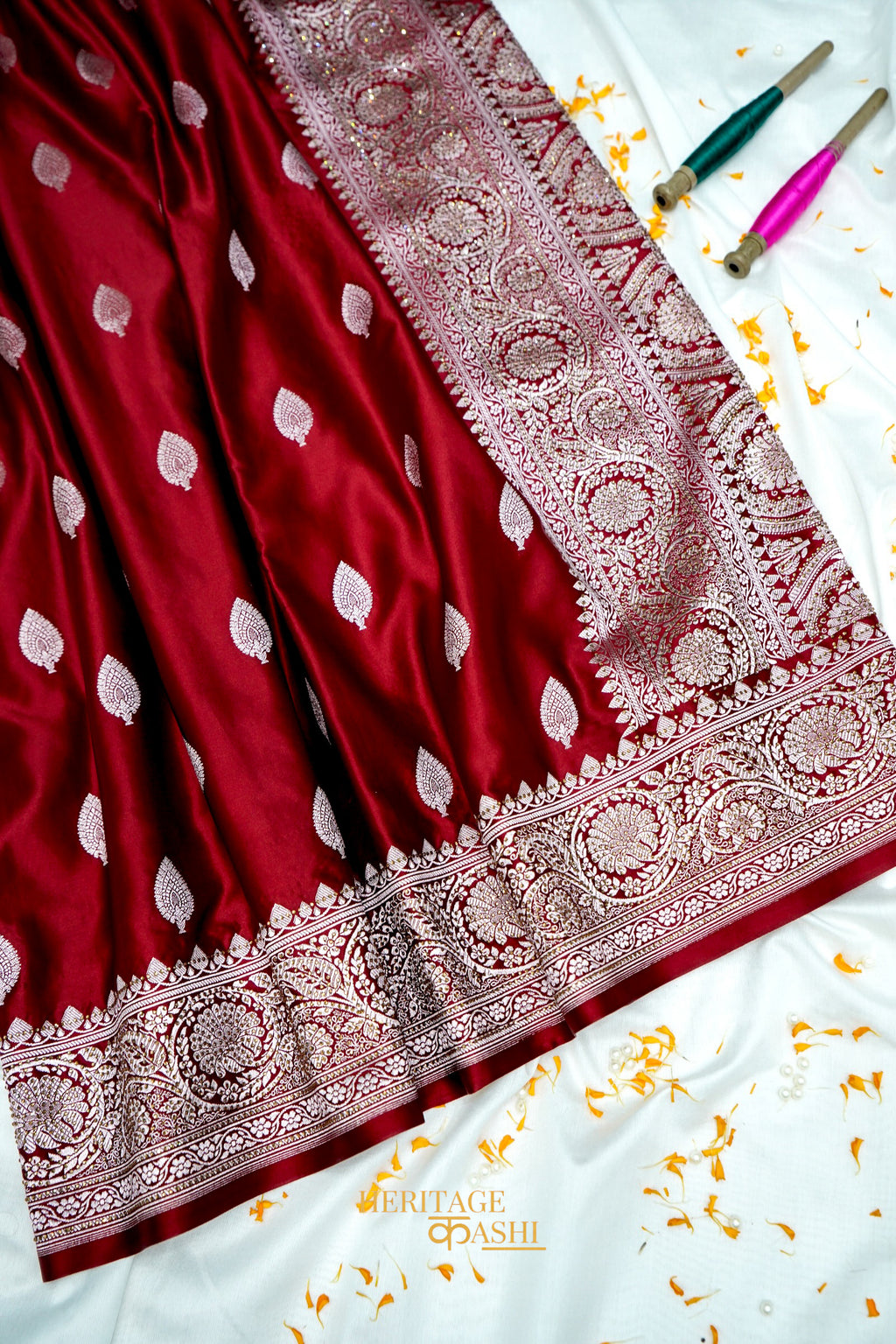 Deep Maroon Swarovski Stone Work Mashru Banarasi Silk Saree