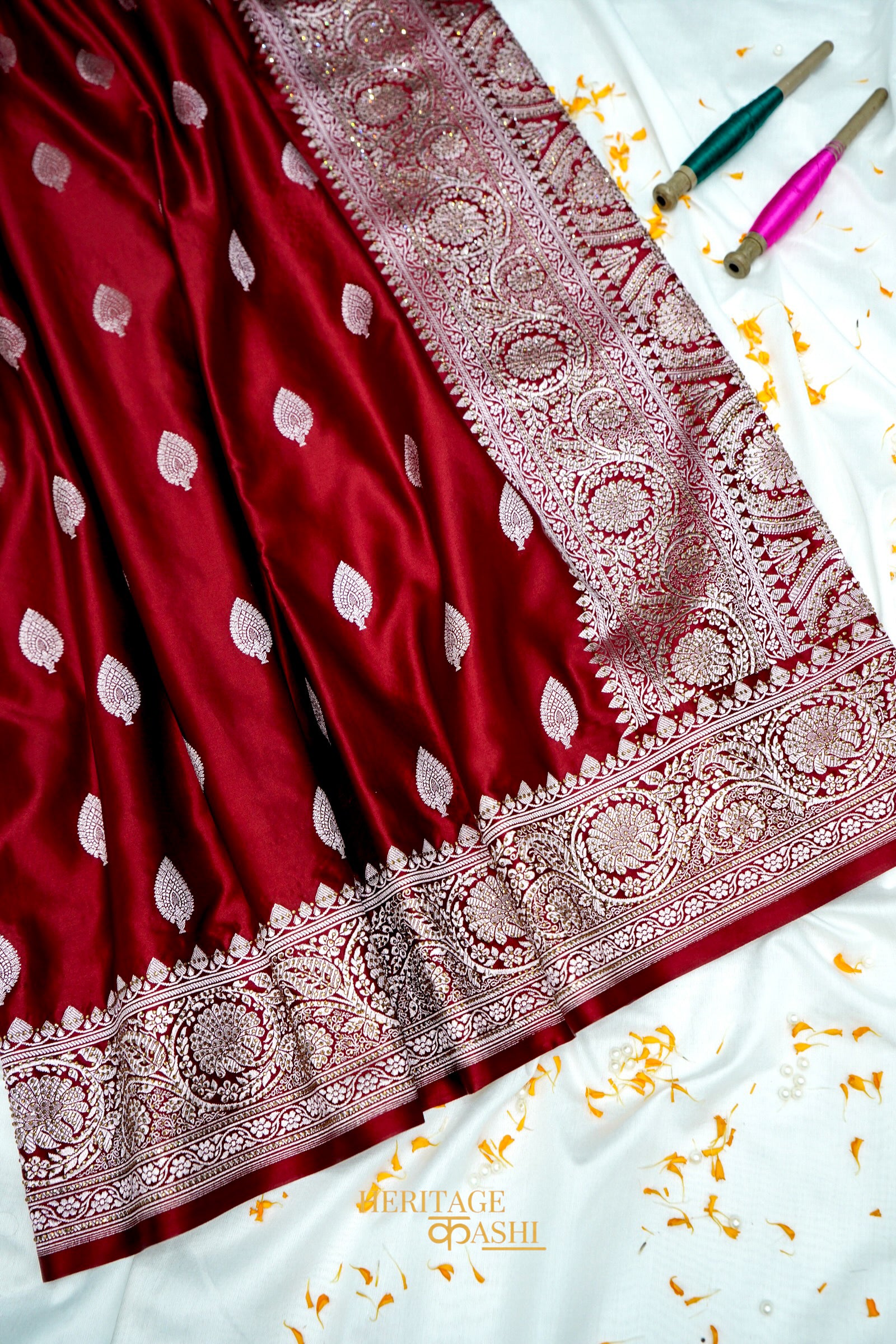 Deep Maroon Swarovski Stone Work Mashru Banarasi Silk Saree