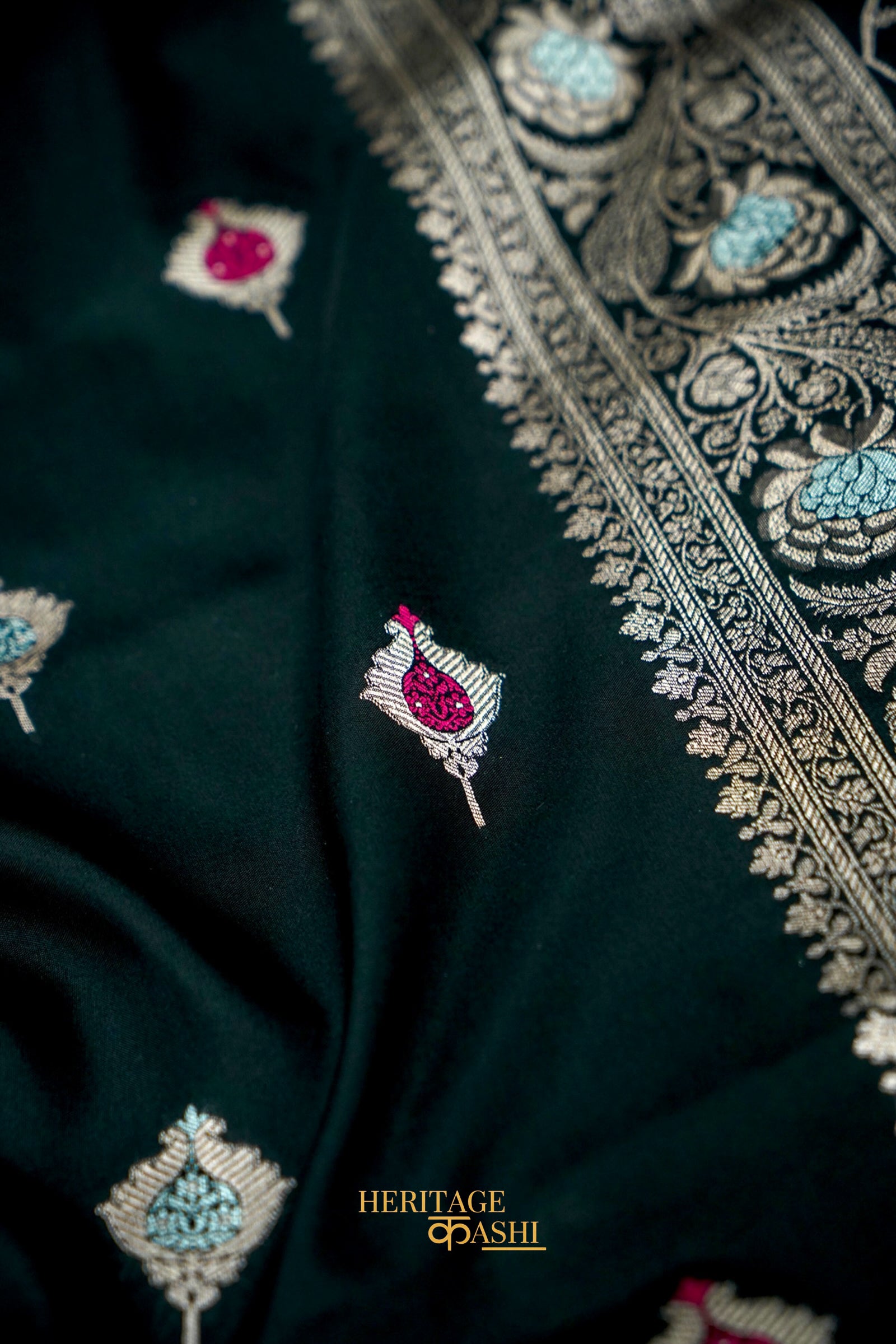 Black Katan Silk Meenakari Motifs Saree