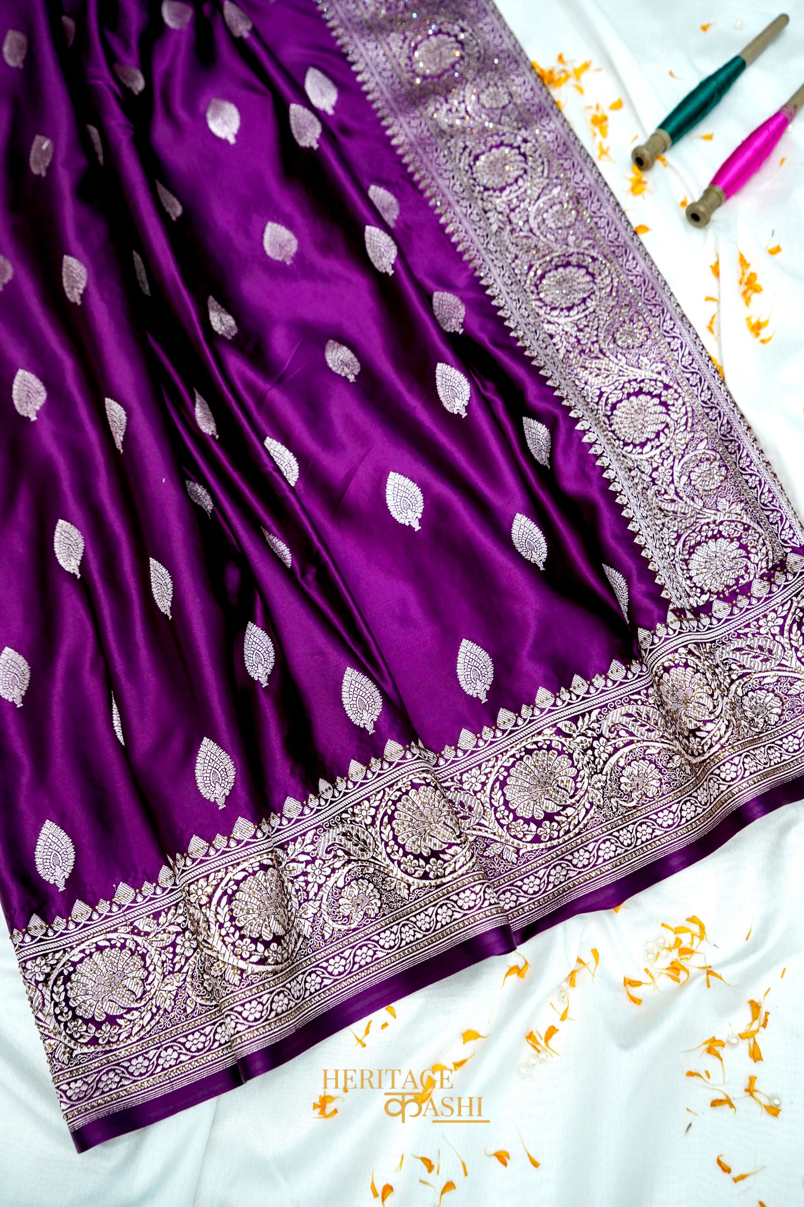 Royal Purple Swarovski Stone Work Mashru Banarasi Silk Saree