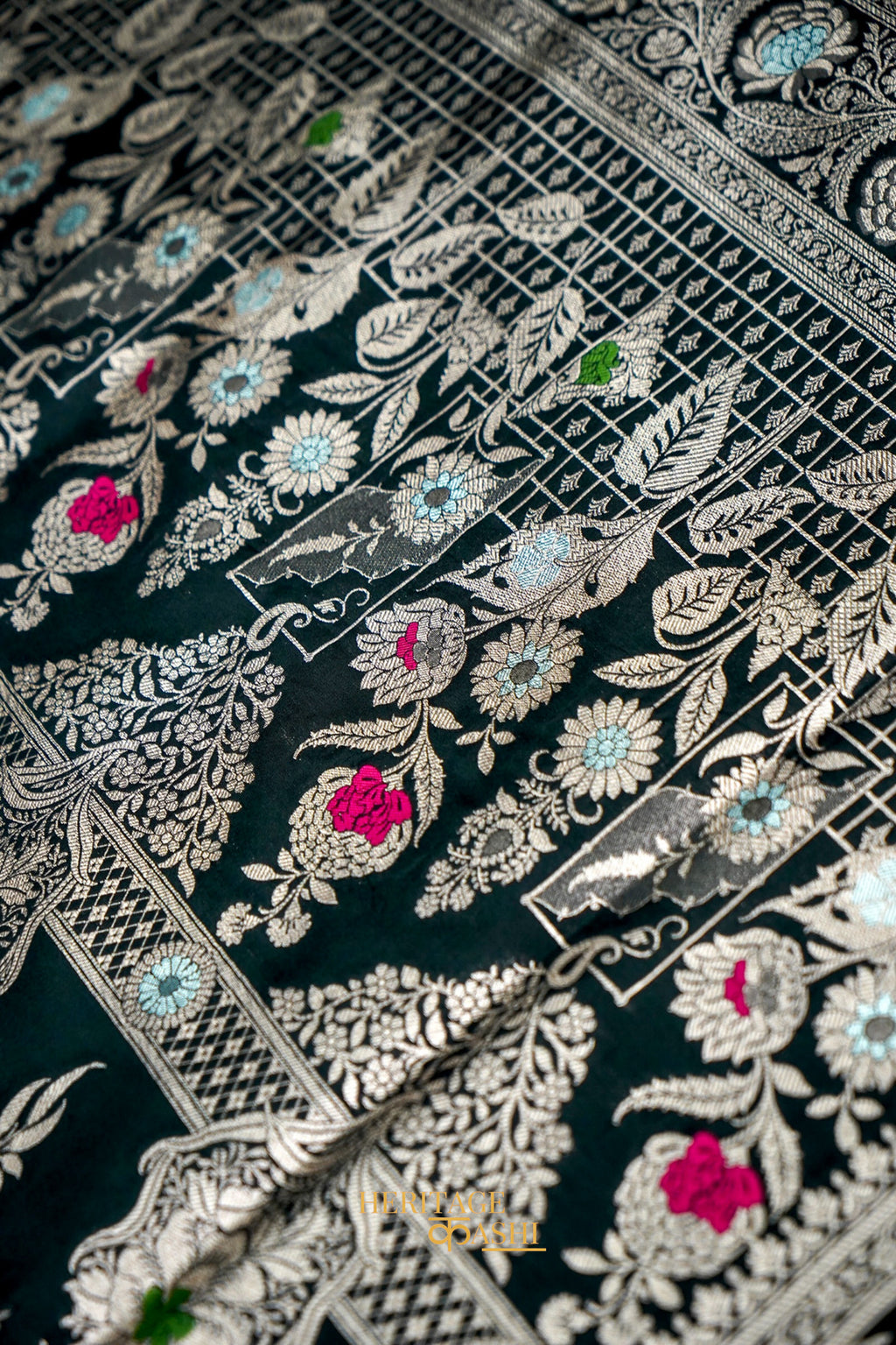 Black Katan Silk Meenakari Motifs Saree