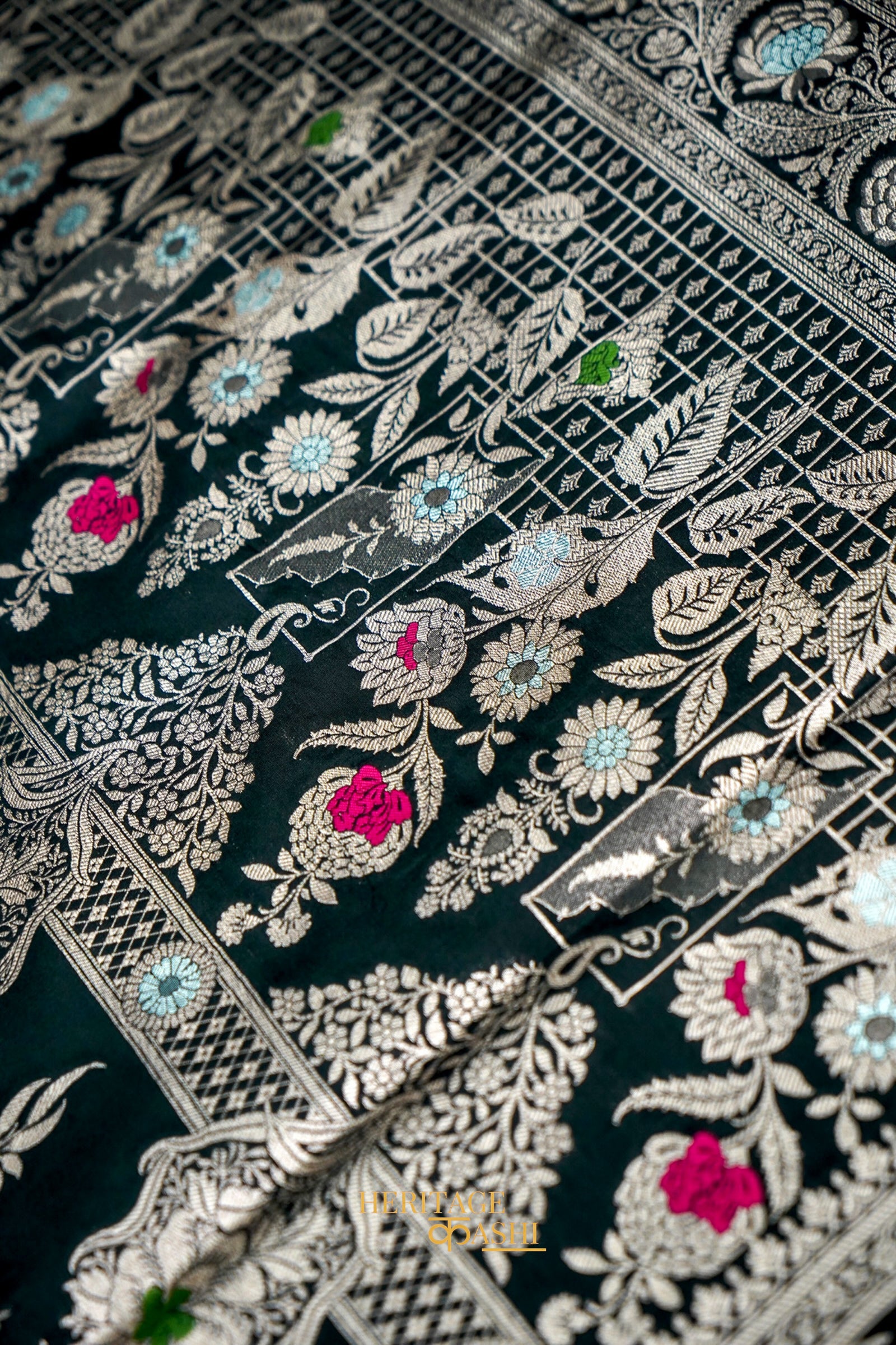 Black Katan Silk Meenakari Motifs Saree