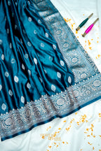 Teal Blue Swarovski Stone Work Mashru Banarasi Silk Saree
