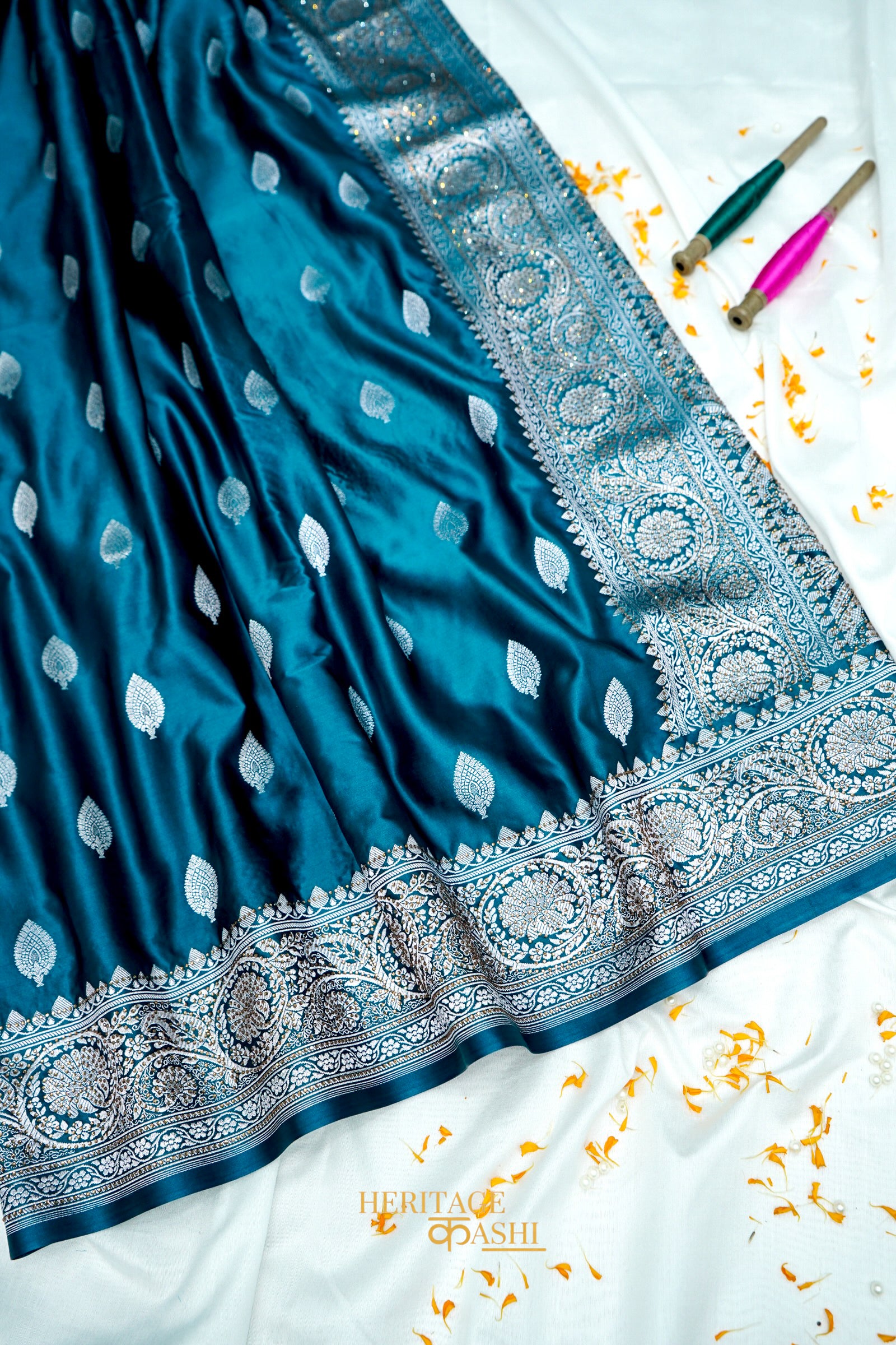 Teal Blue Swarovski Stone Work Mashru Banarasi Silk Saree