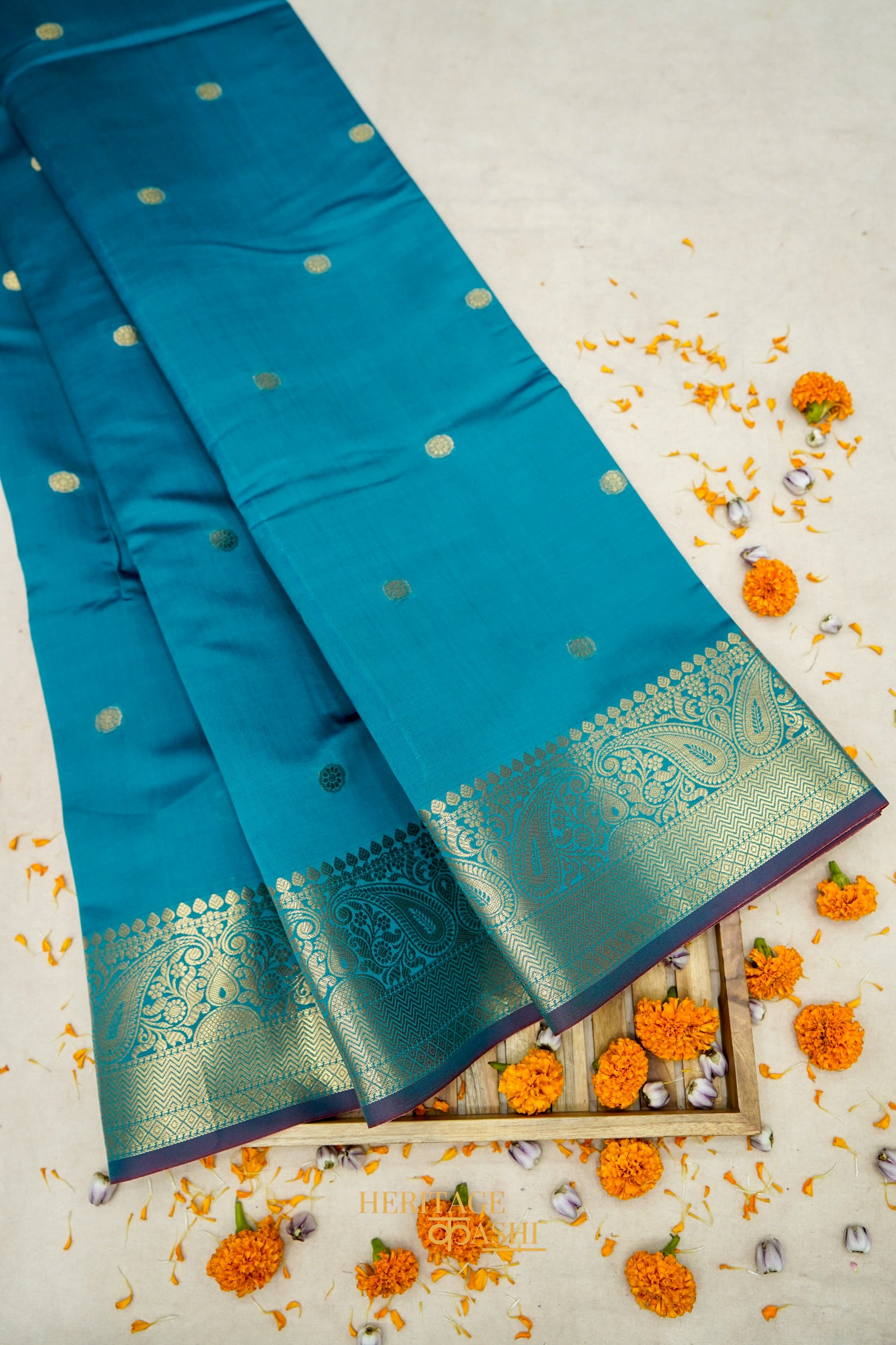Turquoise Blue Katan Banarasi Silk Saree with Rich Paisley Zari Border