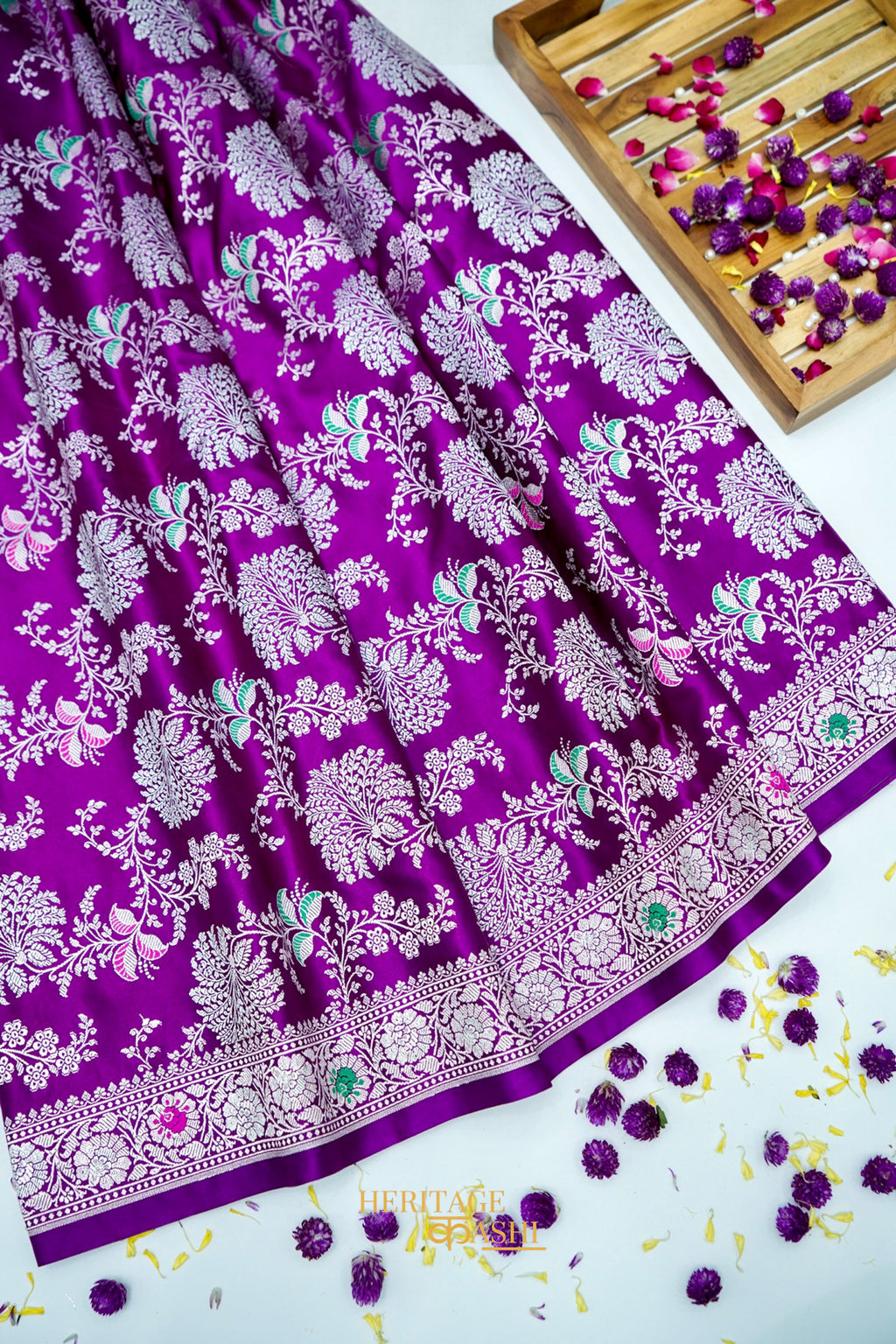 Royal Orchid Purple Mashru Multicolour Floral Jaal Motif Silk Saree