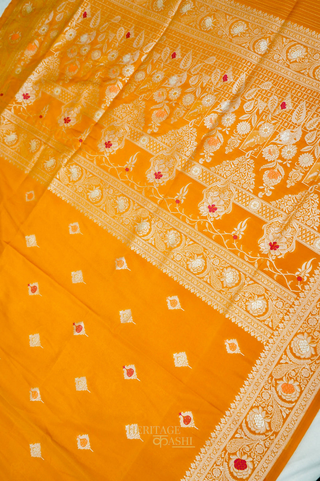 Mustard Yellow Katan Silk Meenakari Motifs Saree