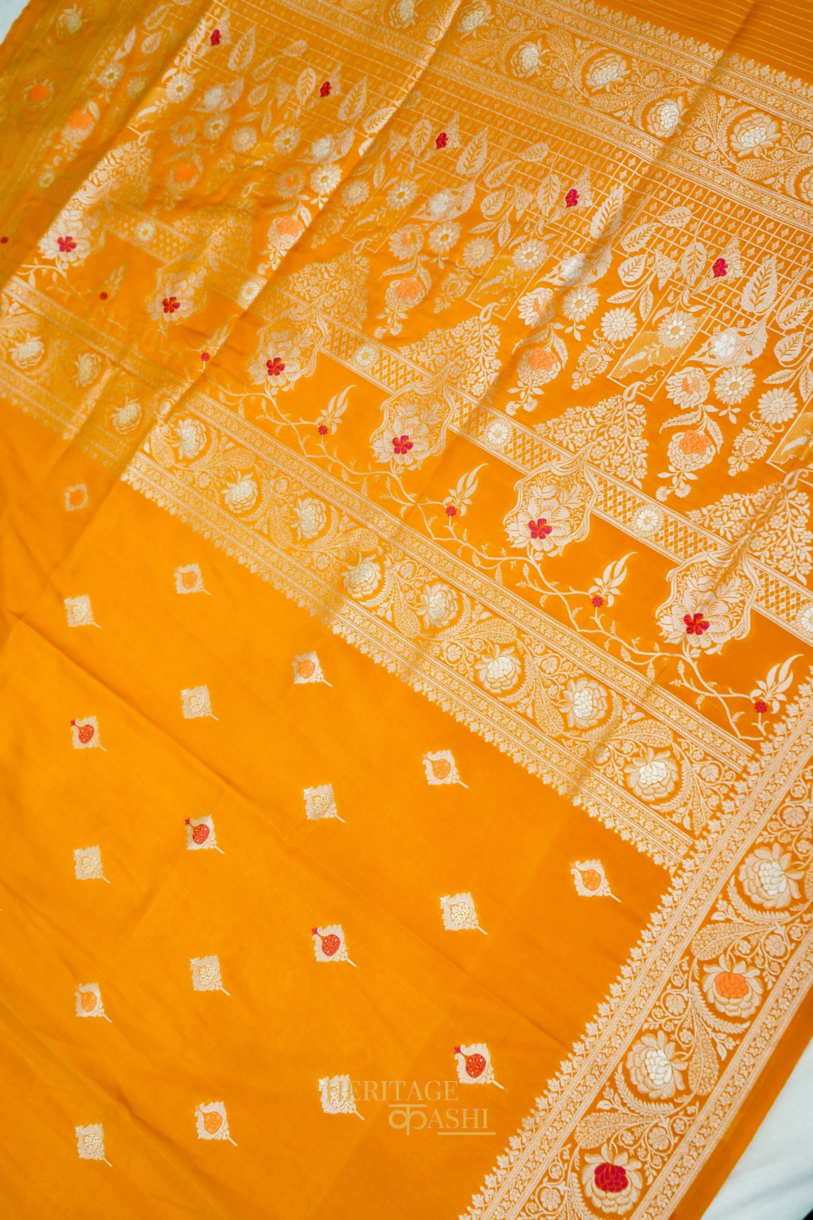 Mustard Yellow Katan Silk Meenakari Motifs Saree