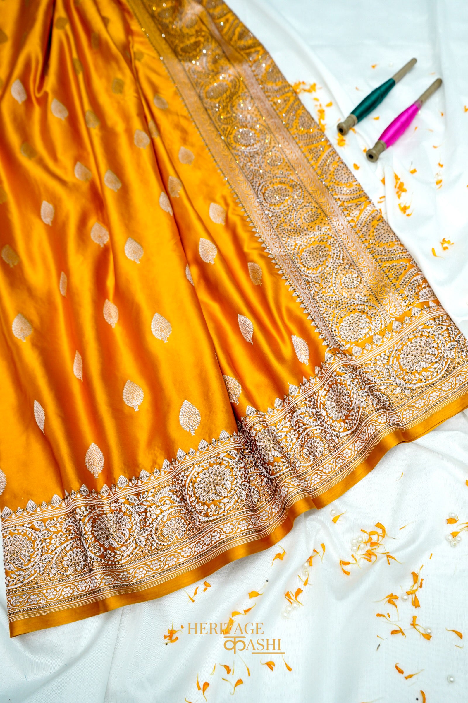 Honey Gold Swarovski Stone Work Mashru Banarasi Silk Saree