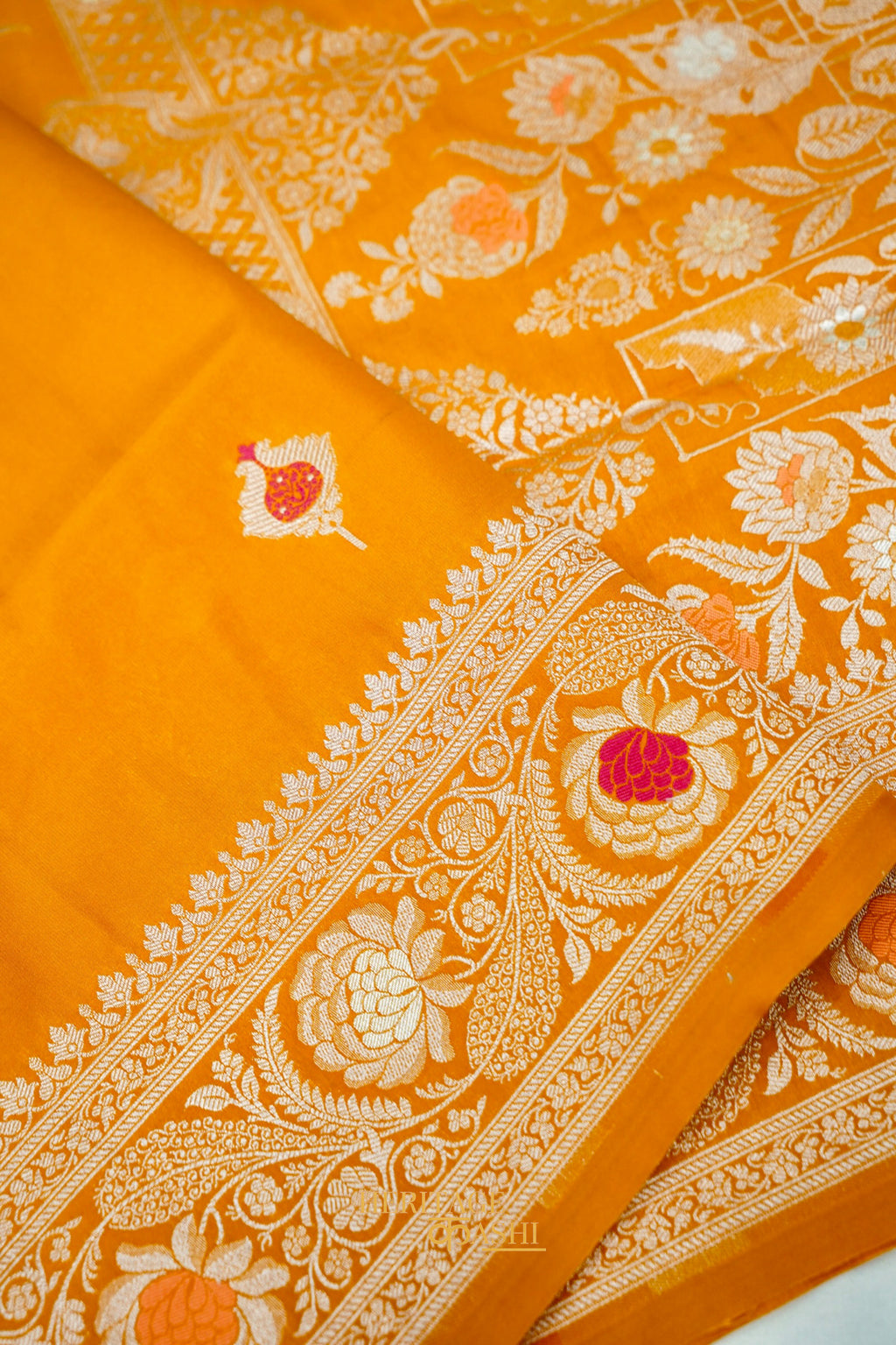 Mustard Yellow Katan Silk Meenakari Motifs Saree