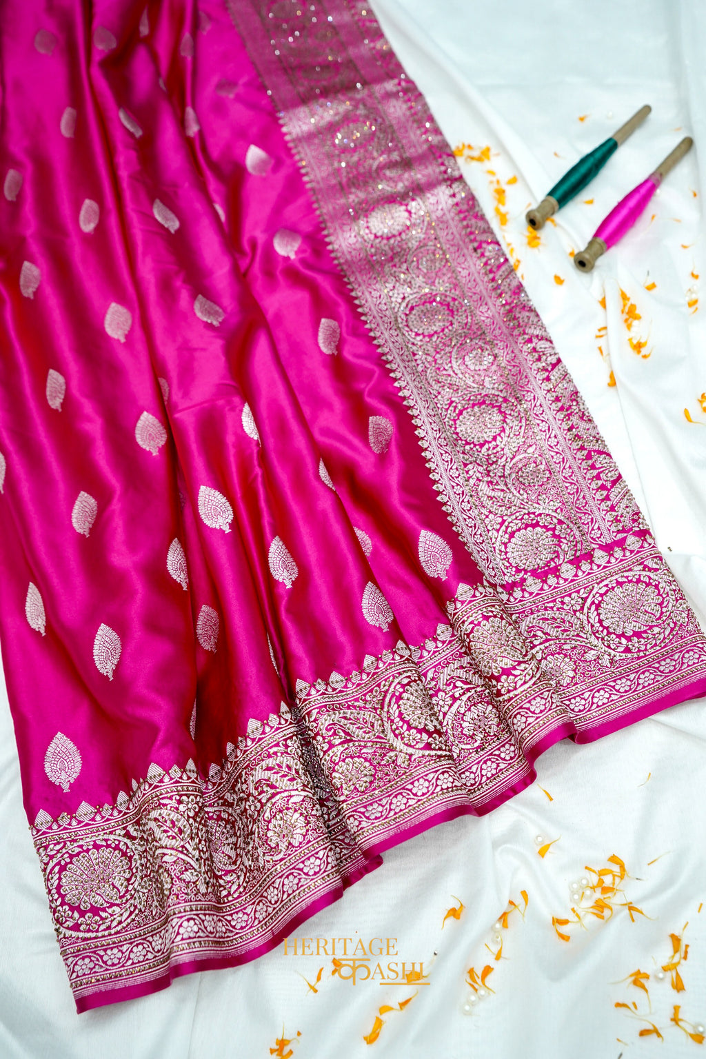 Rani Pink Swarovski Stone Work Mashru Banarasi Silk Saree
