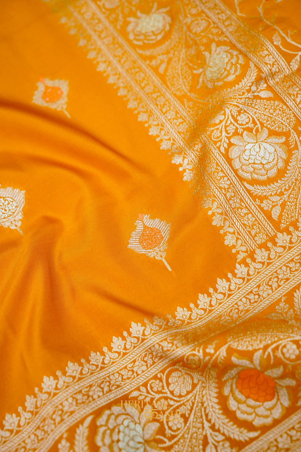 Mustard Yellow Katan Silk Meenakari Motifs Saree