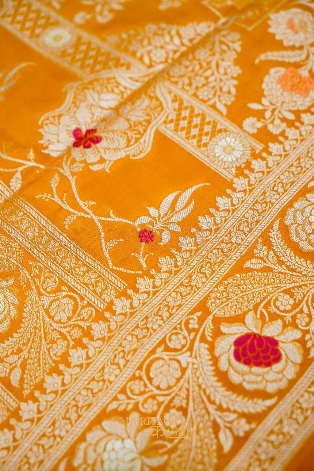 Mustard Yellow Katan Silk Meenakari Motifs Saree