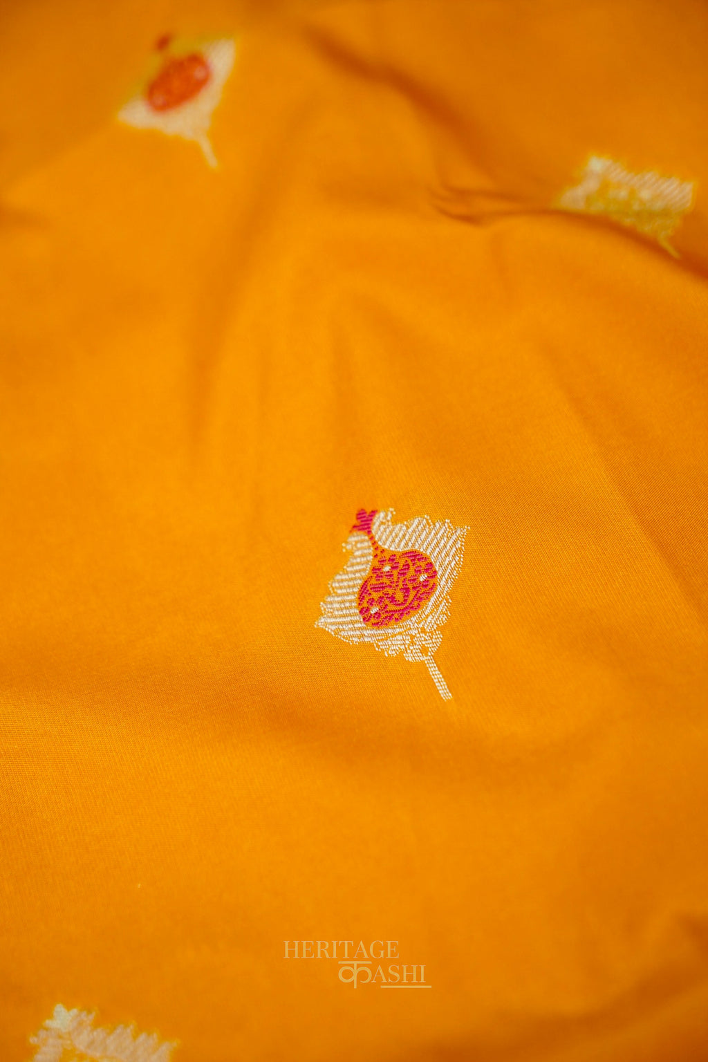 Mustard Yellow Katan Silk Meenakari Motifs Saree