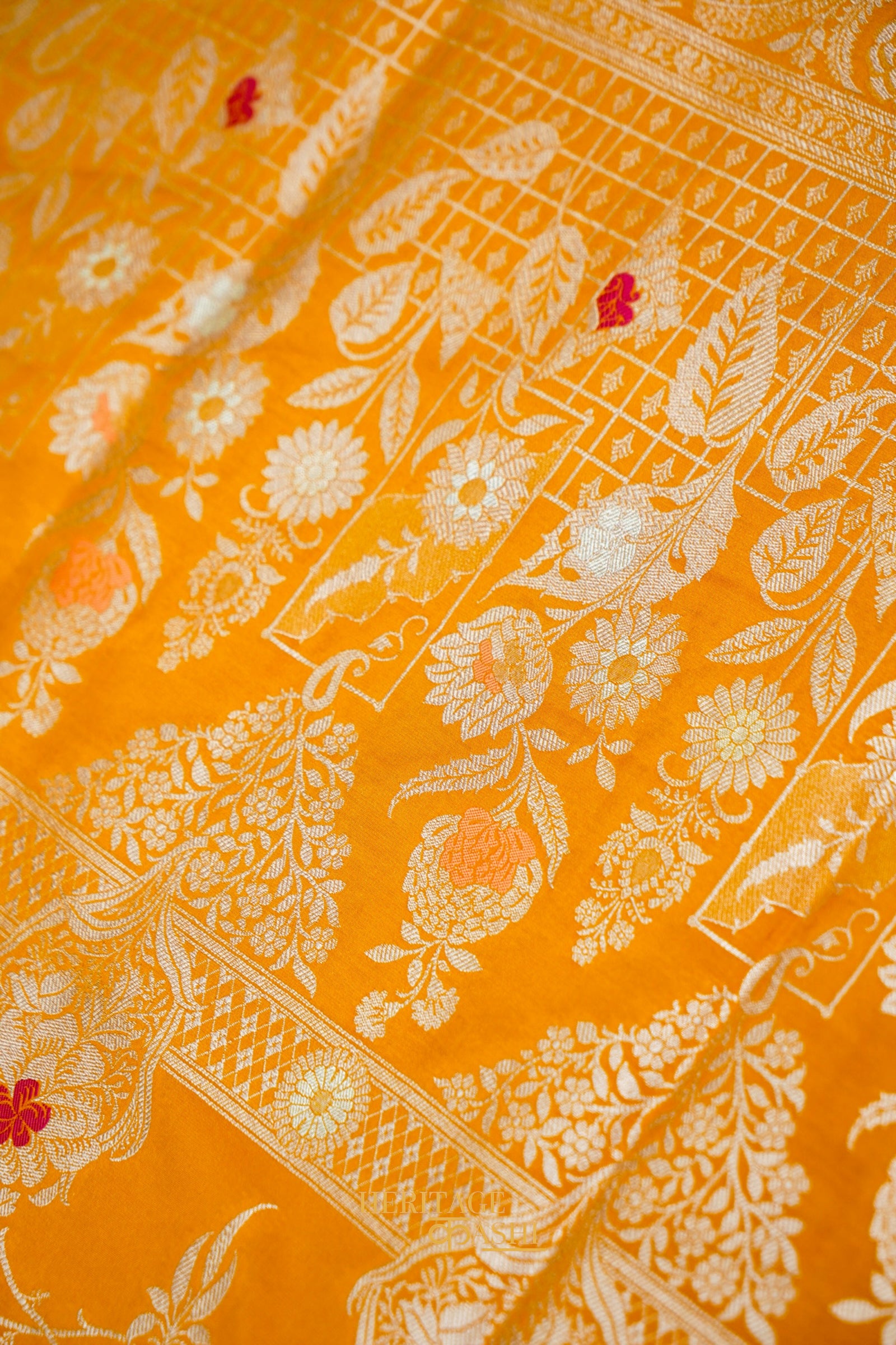 Mustard Yellow Katan Silk Meenakari Motifs Saree