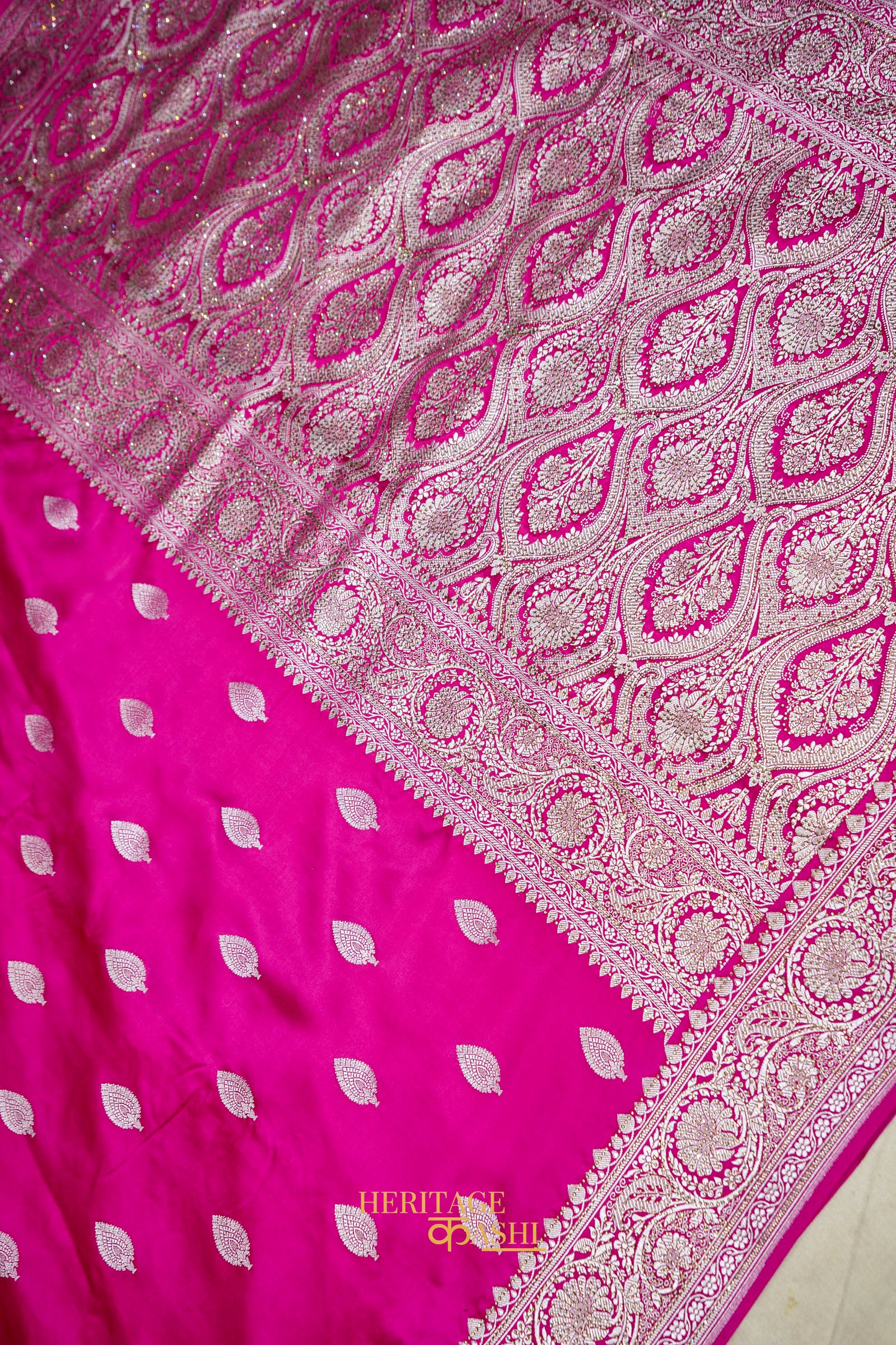 Rani Pink Swarovski Stone Work Mashru Banarasi Silk Saree